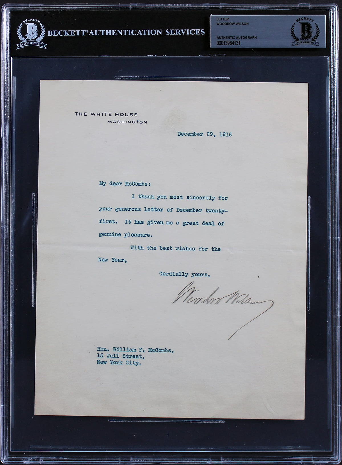 Woodrow Wilson Signed 7x8.75 1916 Letter On White House Letterhead BAS Slab