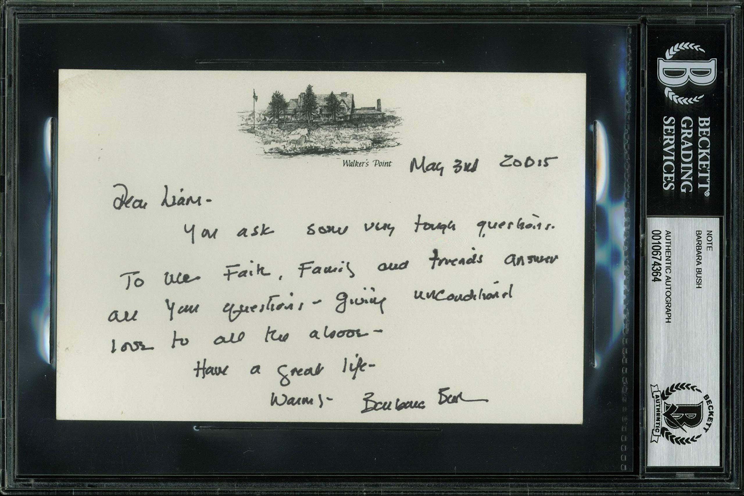 Barbara Bush Authentic Signed 4.25x6.5 Note Dated May 3rd 2015 BAS Slabbed
