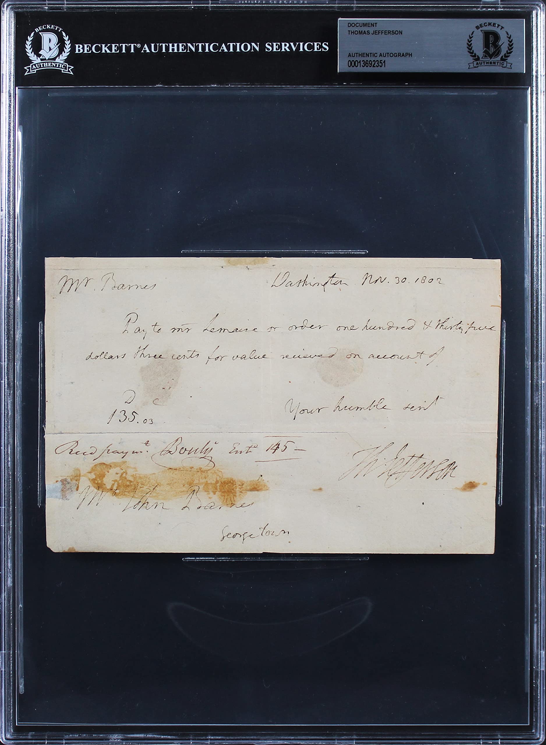 Thomas Jefferson Signed 1802 4.75x7.25 Handwritten Letter Dated BAS Slabbed
