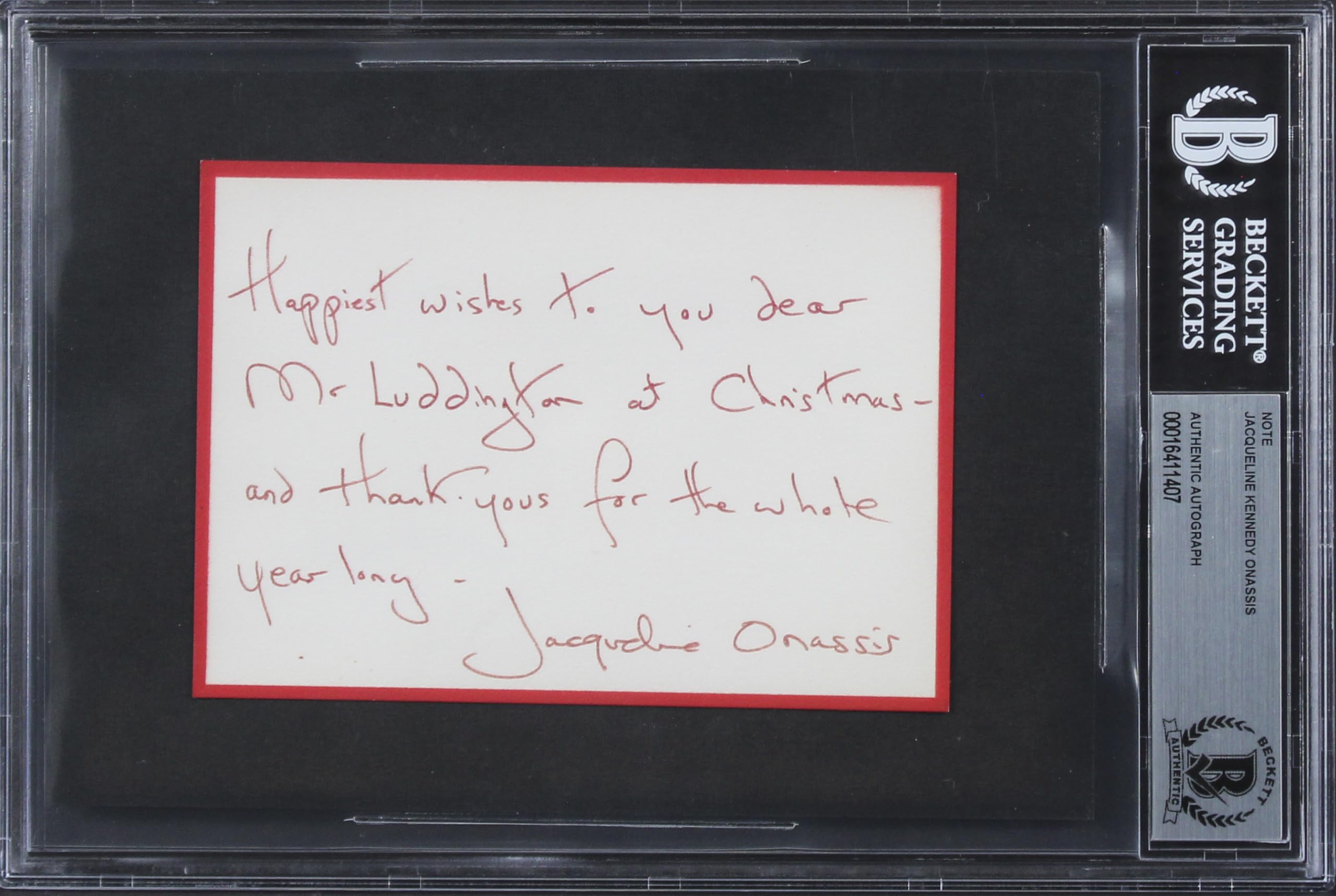 Jacqueline Kennedy Onassis Signed 3.65x5.15 Handwritten Christmas Note BAS Slab