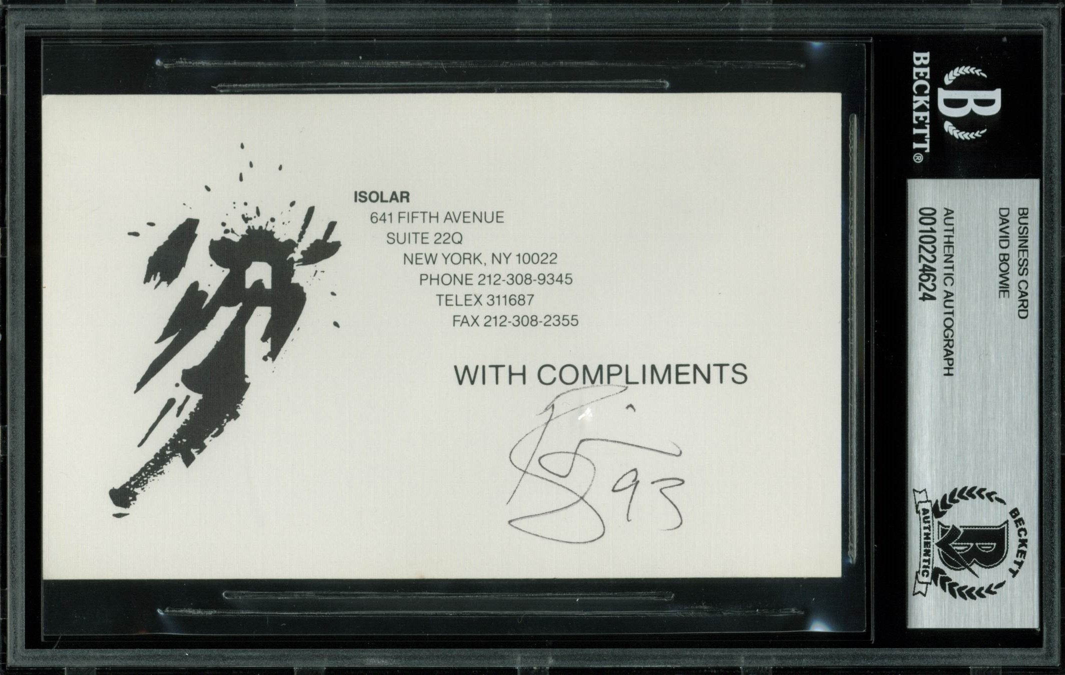David Bowie "93" Authentic Signed 3.25x5.25 Isolar Business Card BAS Slabbed