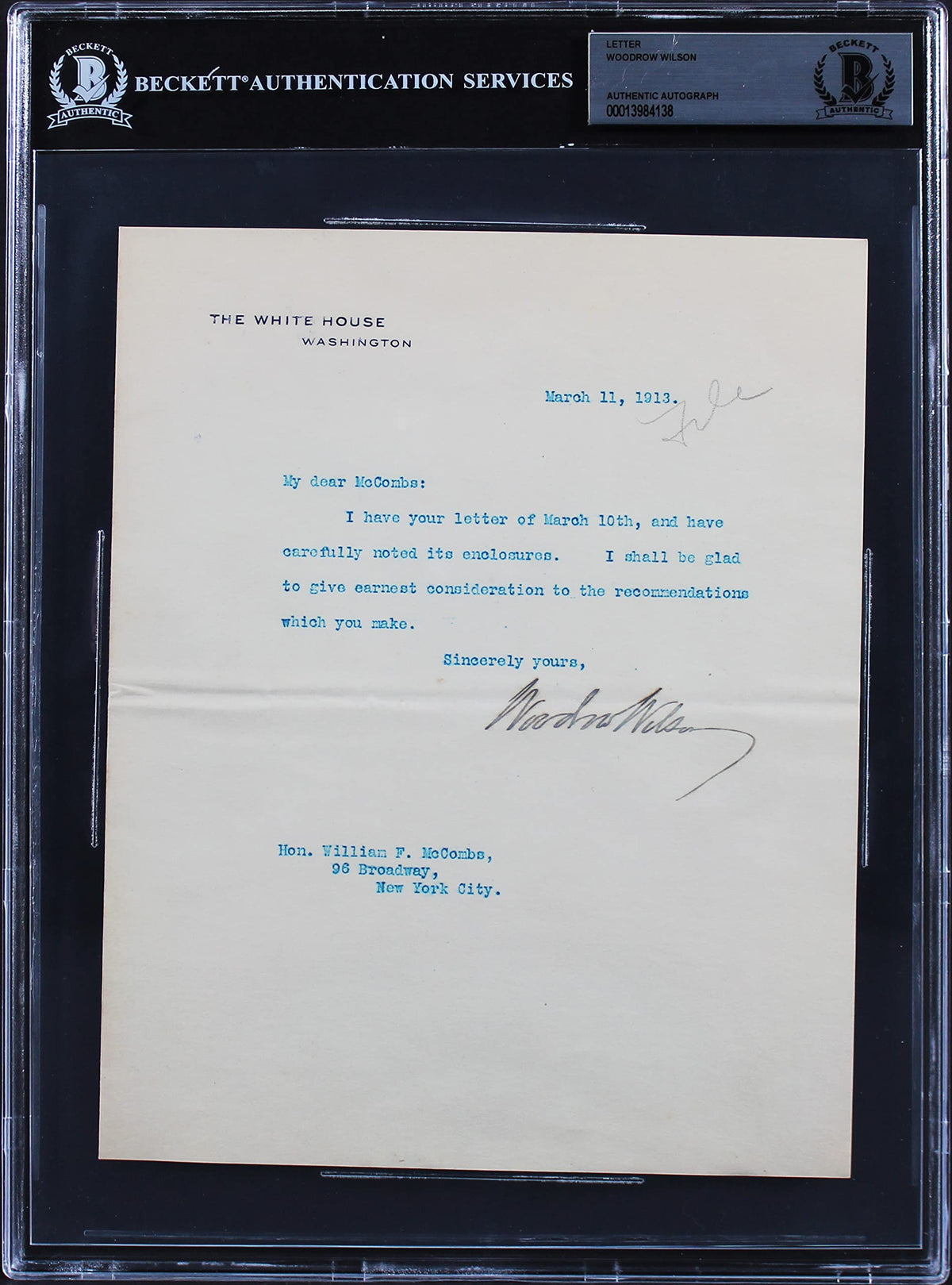 Woodrow Wilson Signed 7x8.75 1913 Letter On White House Letterhead BAS Slab 6