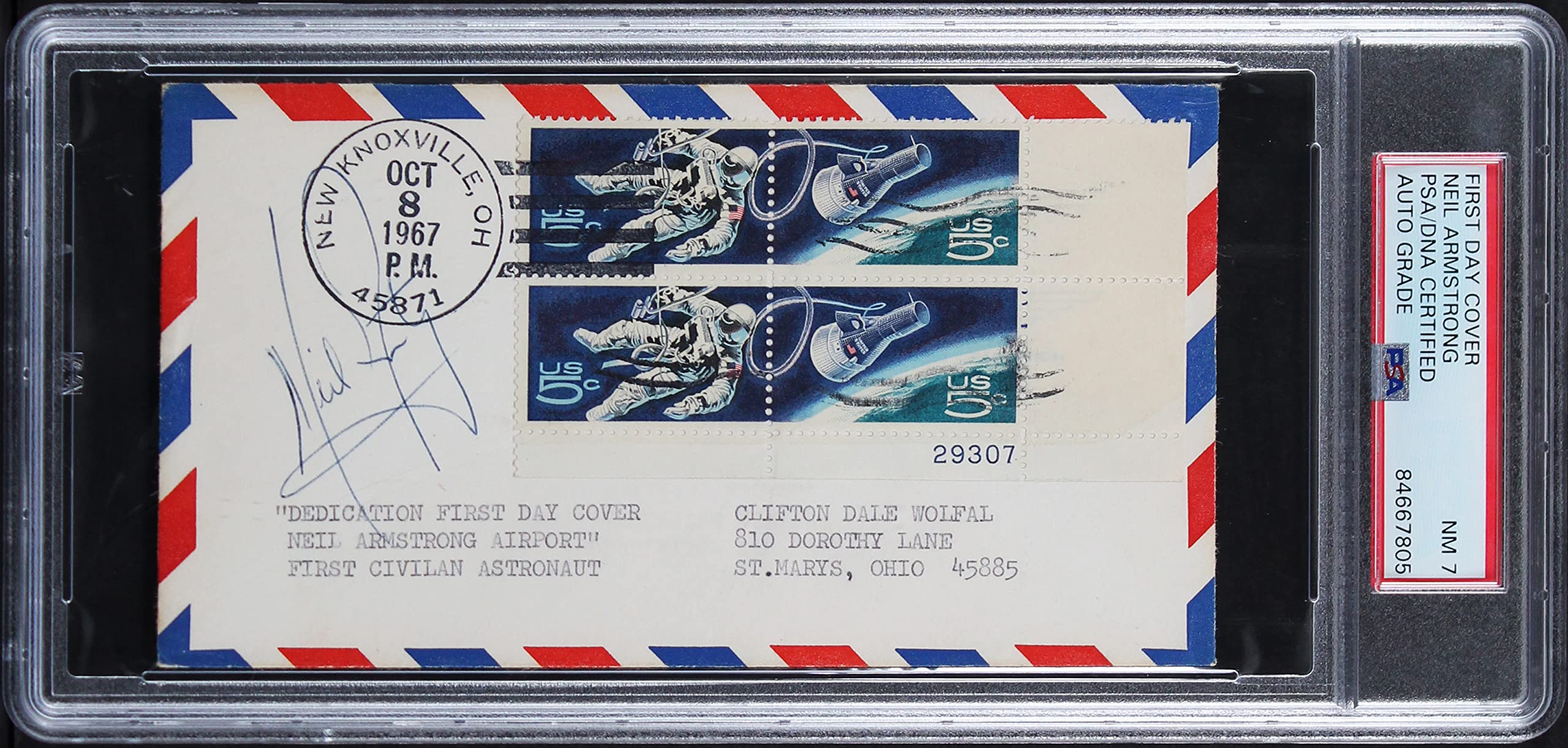 Neil Armstrong Apollo 11 Signed 1967 First Day Cover Envelope Auto 7 PSA Slabbed