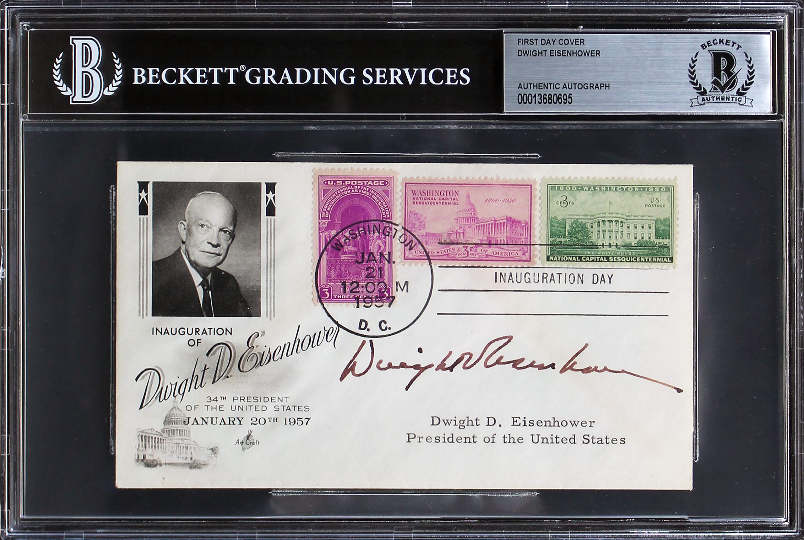 Dwight D. Eisenhower Signed Inauguration Day FDC Postmarked 1/21/1957 BAS Slab