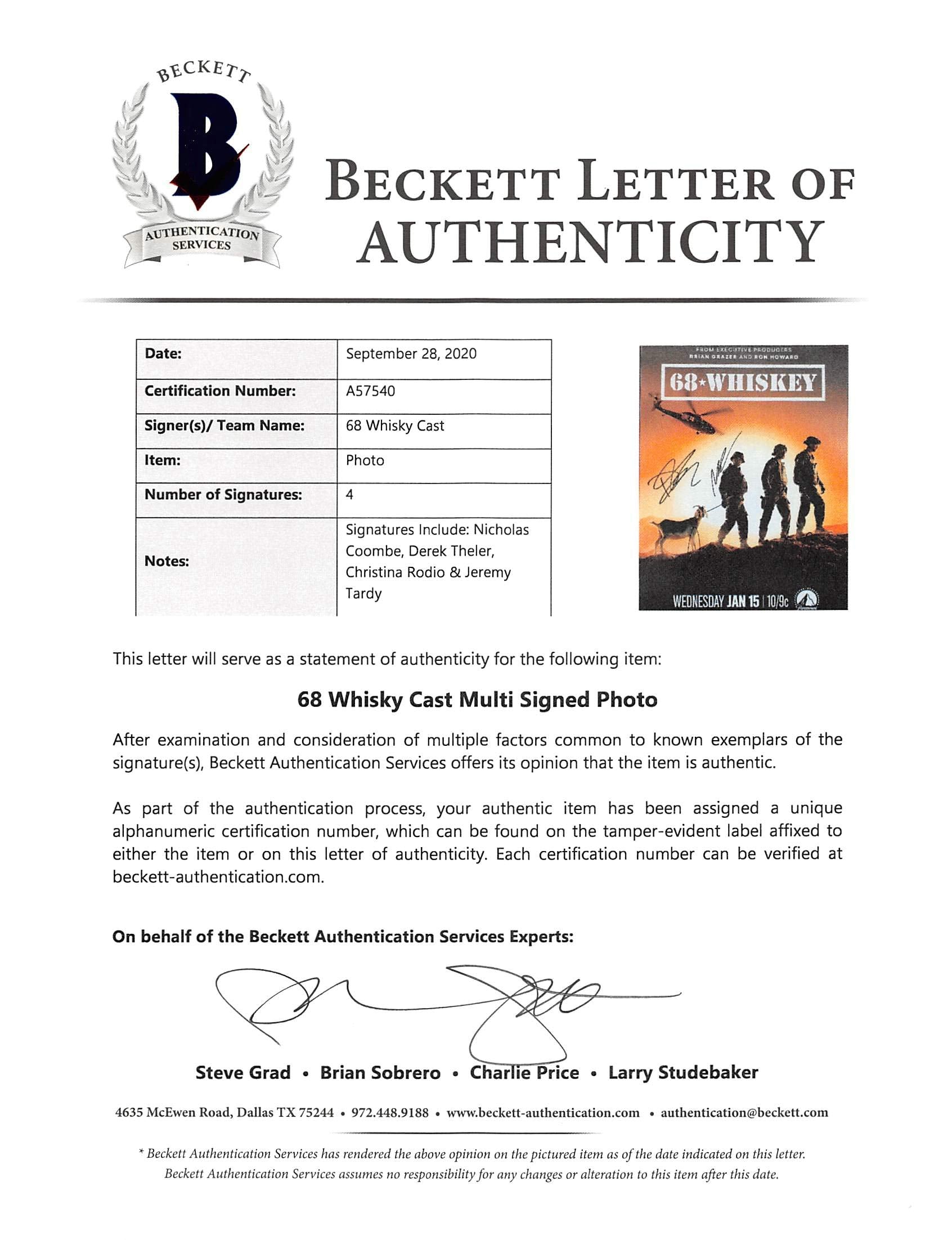 68 Whiskey (4) Coombe, Theler, Rodio & Tardy Signed 11x14 Photo BAS #A57540