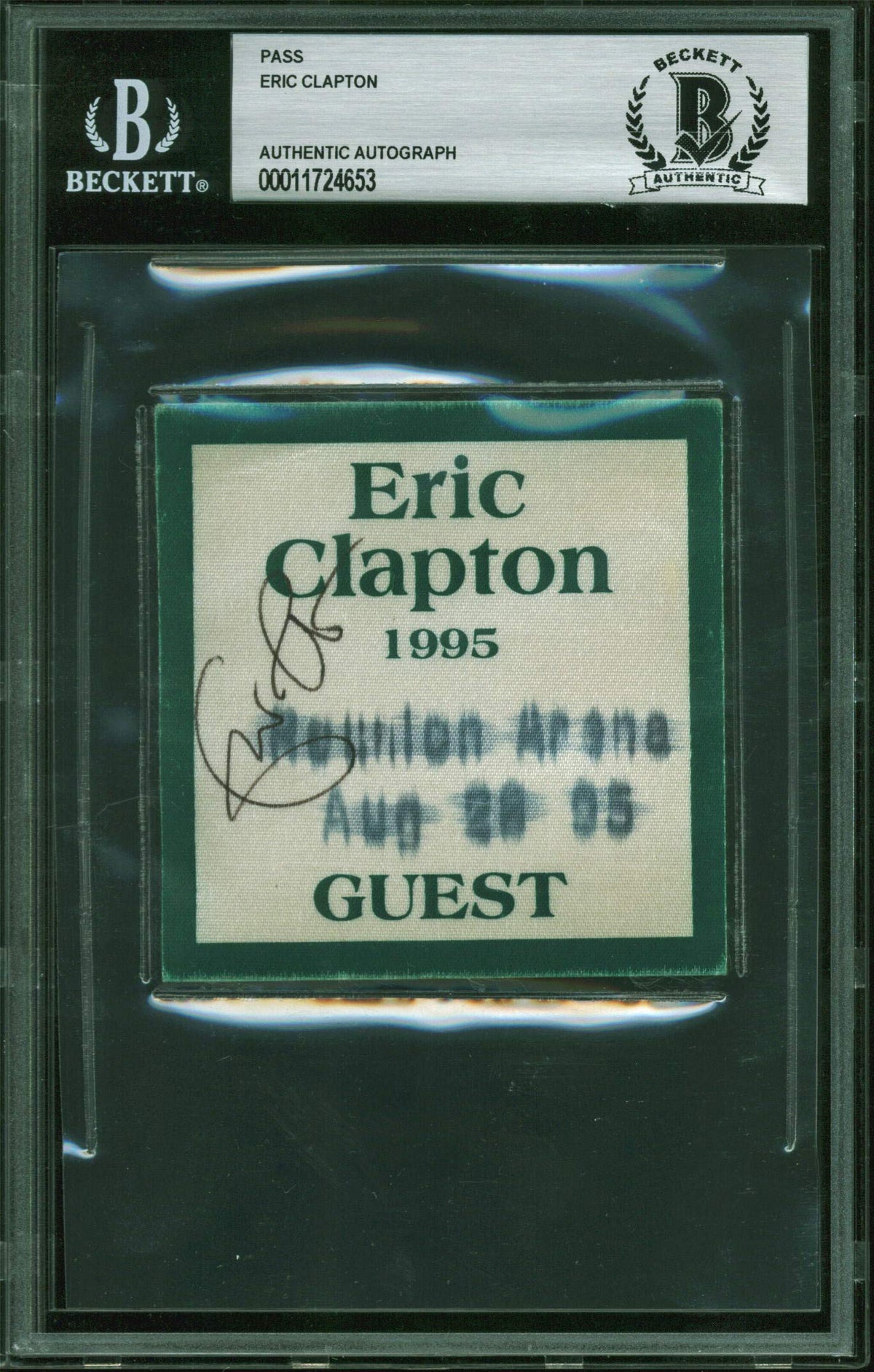 Eric Clapton Signed 3x3 Inch 1995 Dallas Concert Guest Pass BAS Slabbed