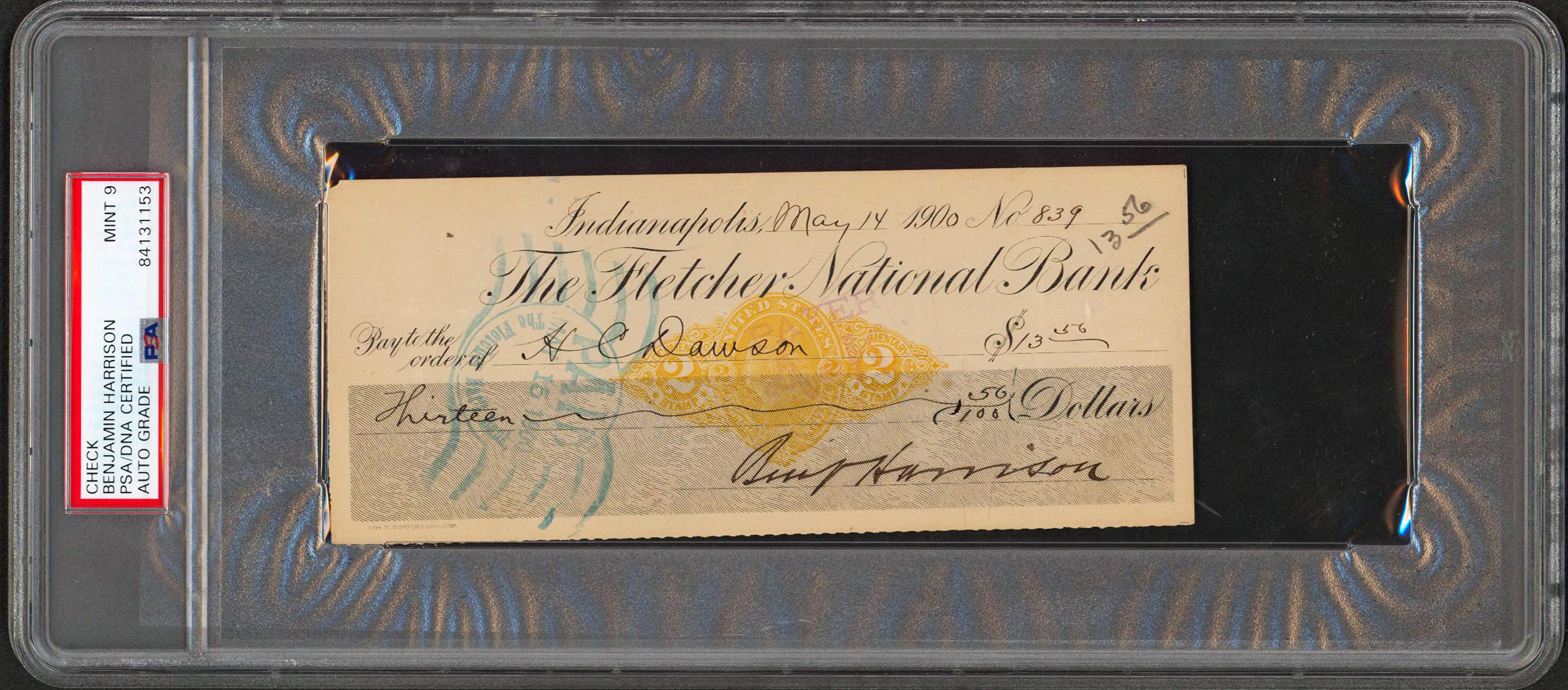 Benjamin Harrison Authentic Signed 2.9x6.9 1900 Check Auto Graded 9! PSA Slabbed