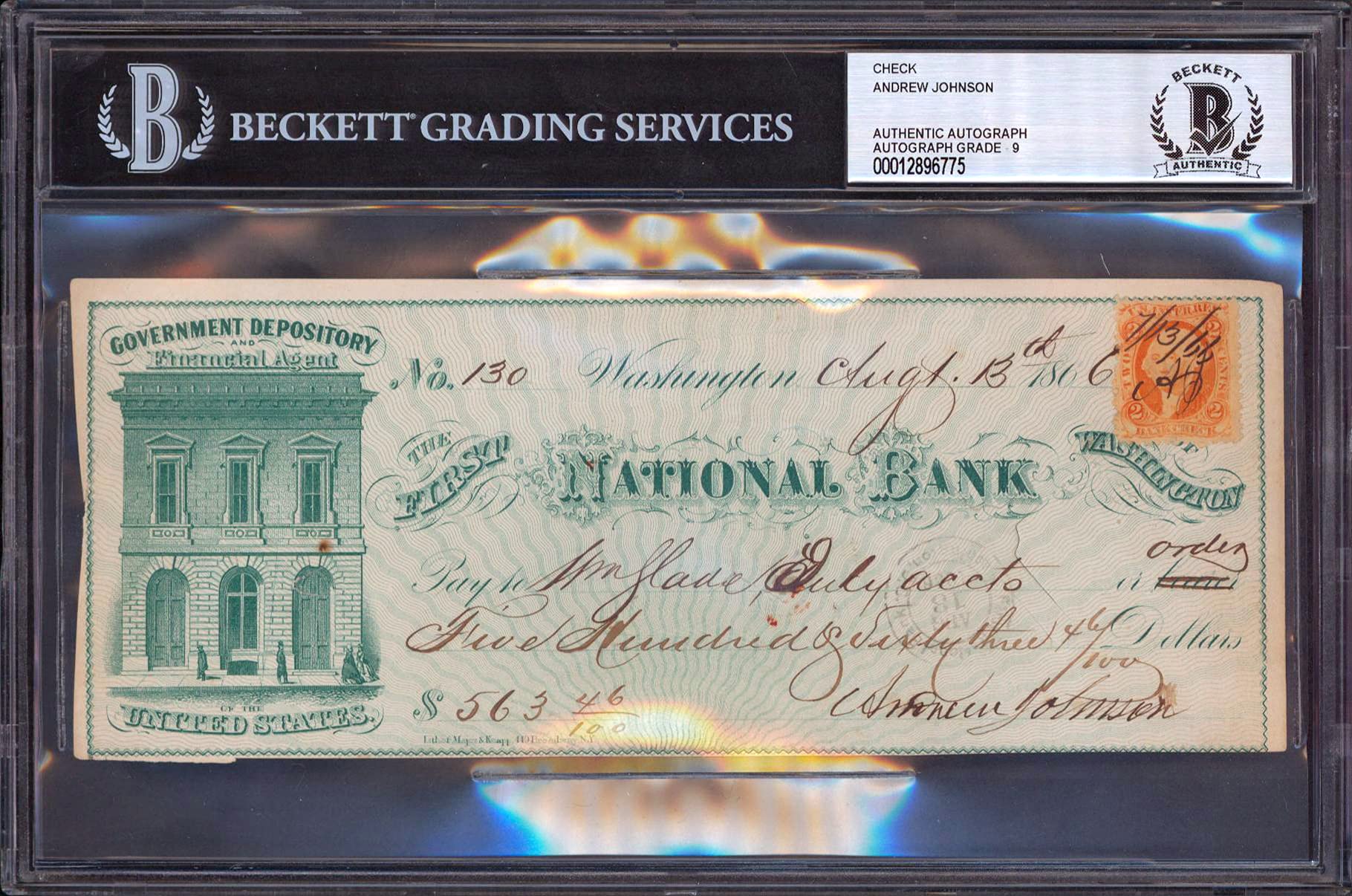 Andrew Johnson Signed 3.25x8.25 1866 Check Auto Graded Mint 9! BAS Slabbed