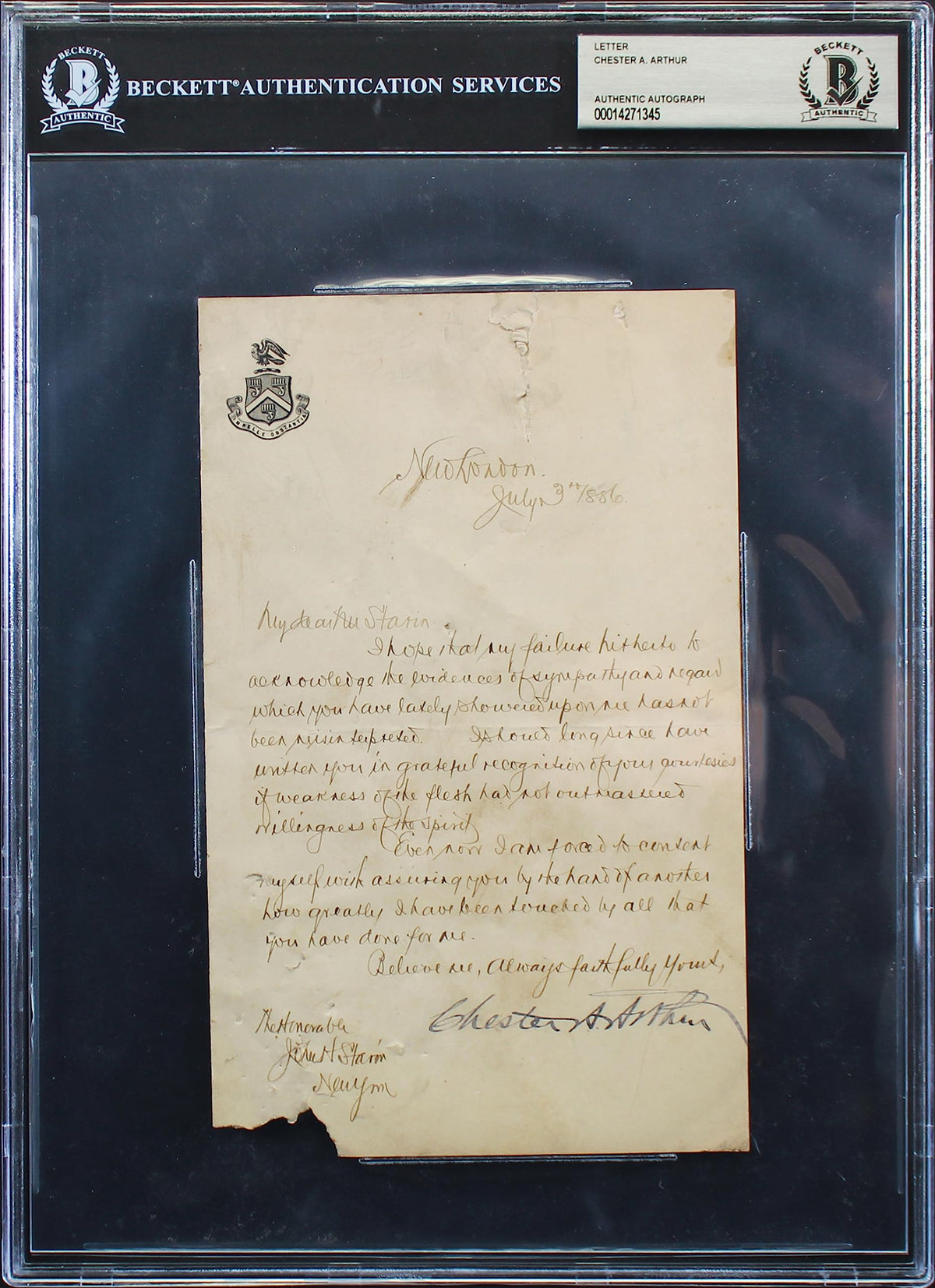 Chester A. Arthur Authentic Signed 5x8 1886 Letter Autographed BAS Slabbed