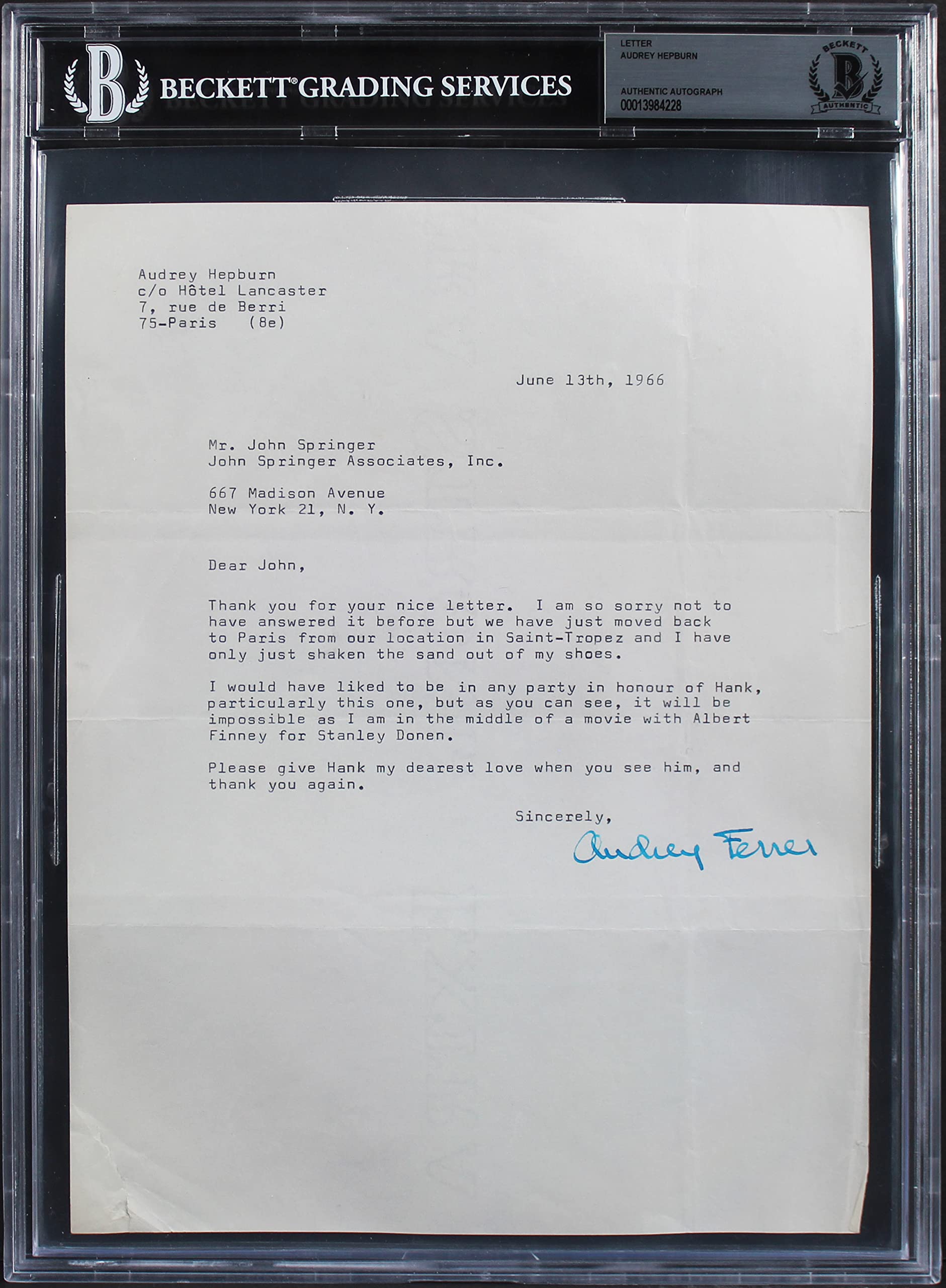 Audrey Hepburn Breakfast At Tiffany's Signed 8x10.5 1966 Letter BAS Slabbed