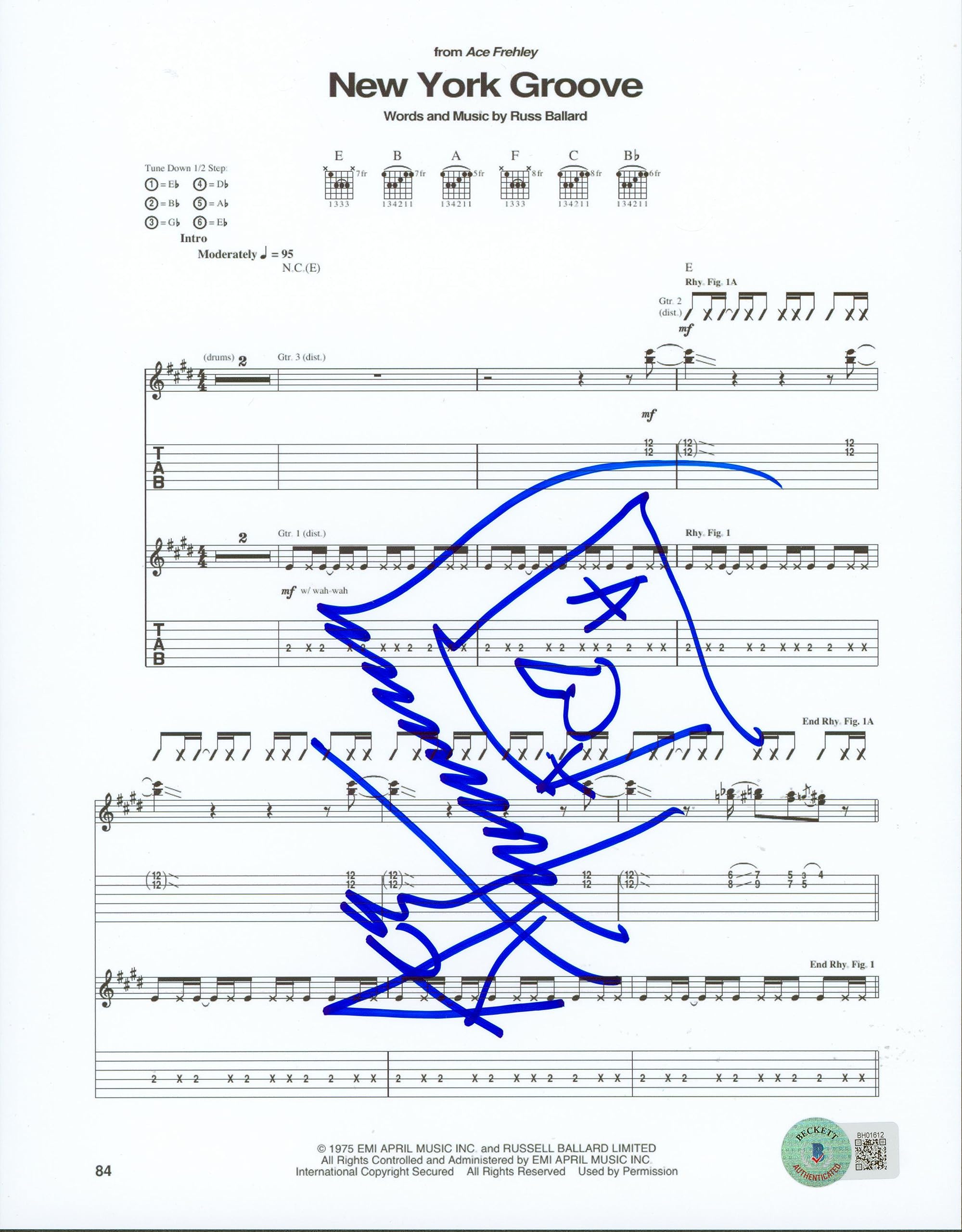 Ace Frehley KISS Signed 8.5x11 New York Groove Music Sheet Photo BAS #BH01612