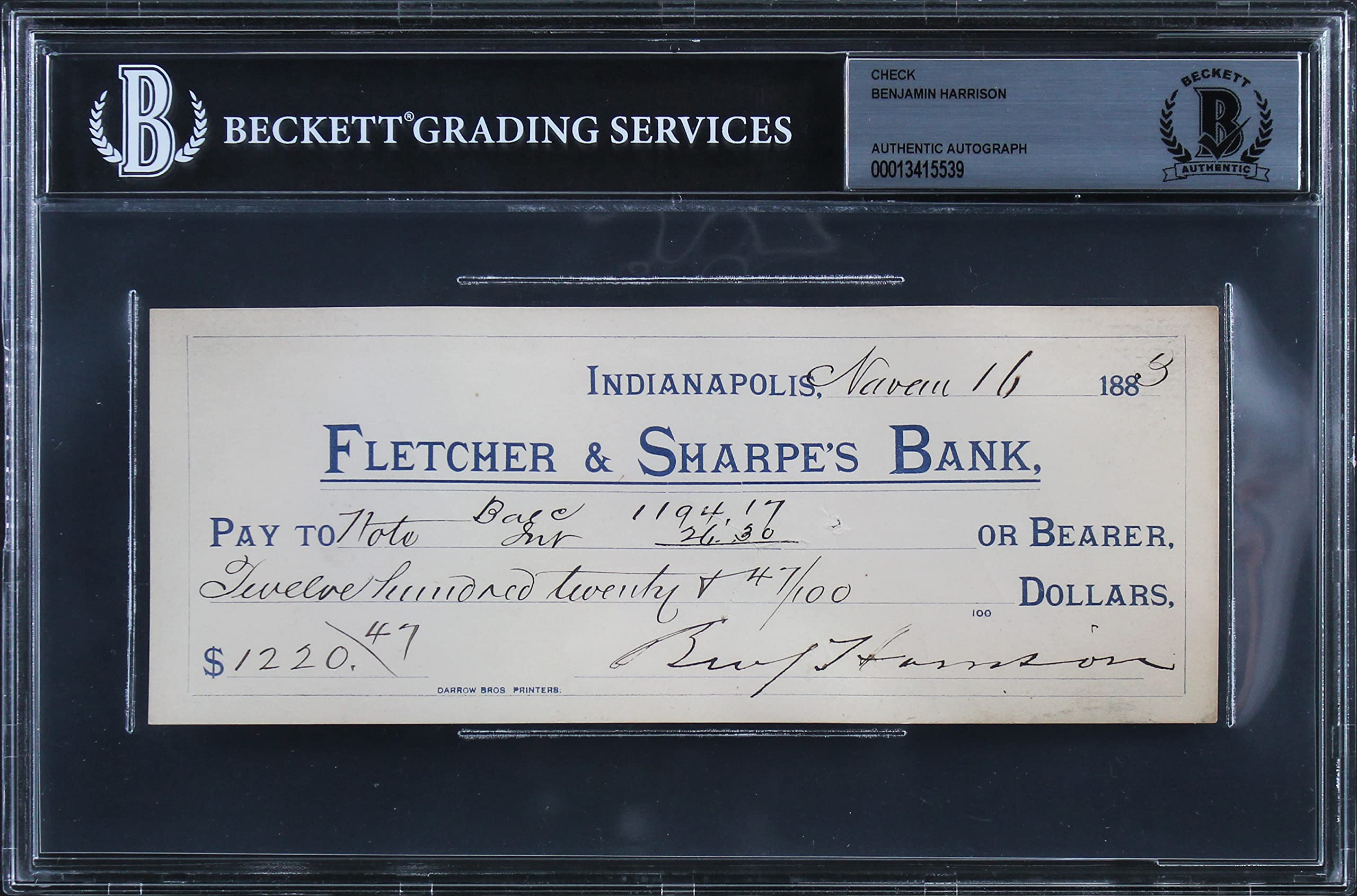 Benjamin Harrison Authentic Signed 2.75x7.25 1883 Check Autographed BAS Slabbed