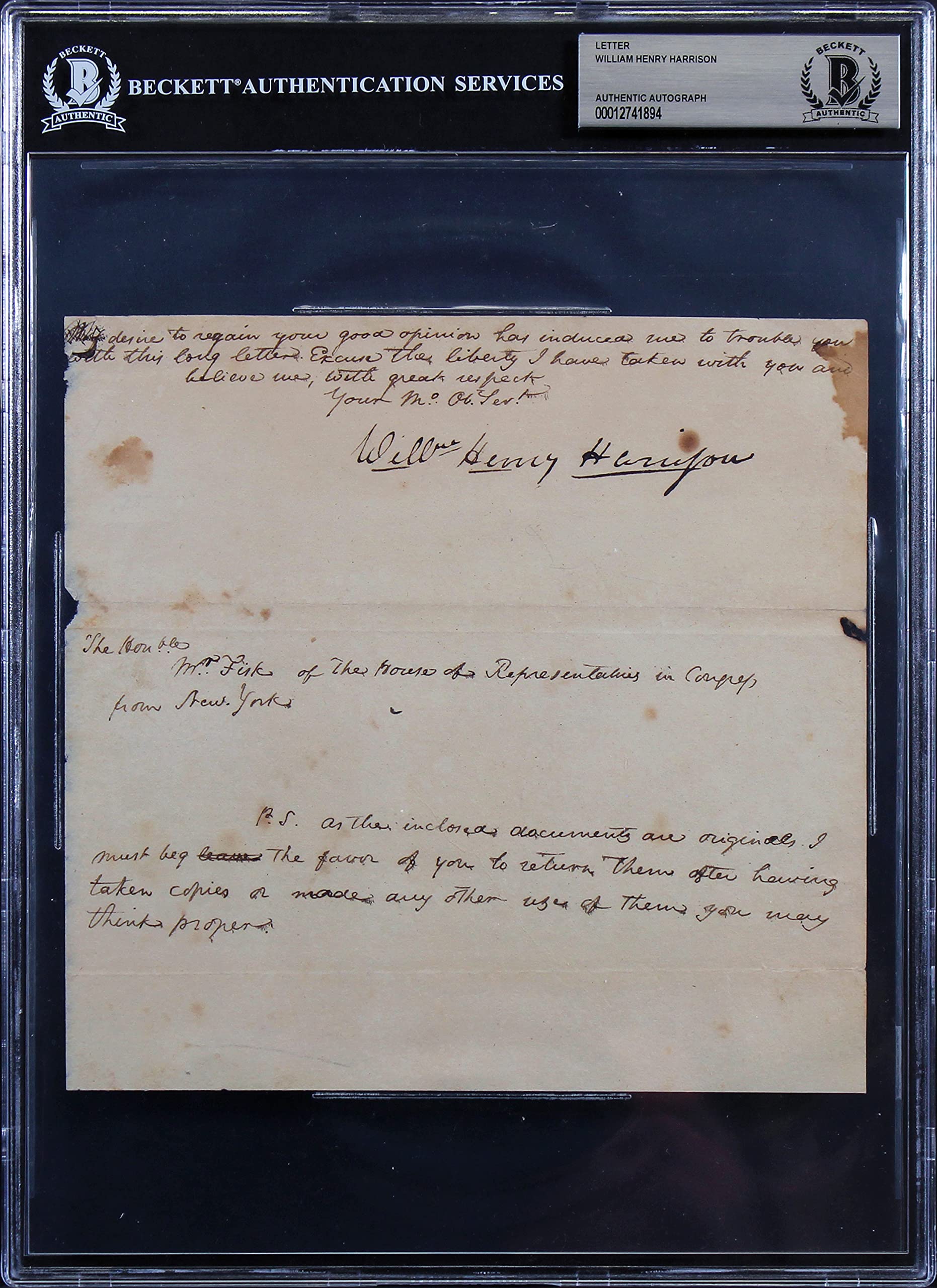 William Henry Harrison Authentic Signed 7.25x7.5 Letter Dated BAS Slabbed