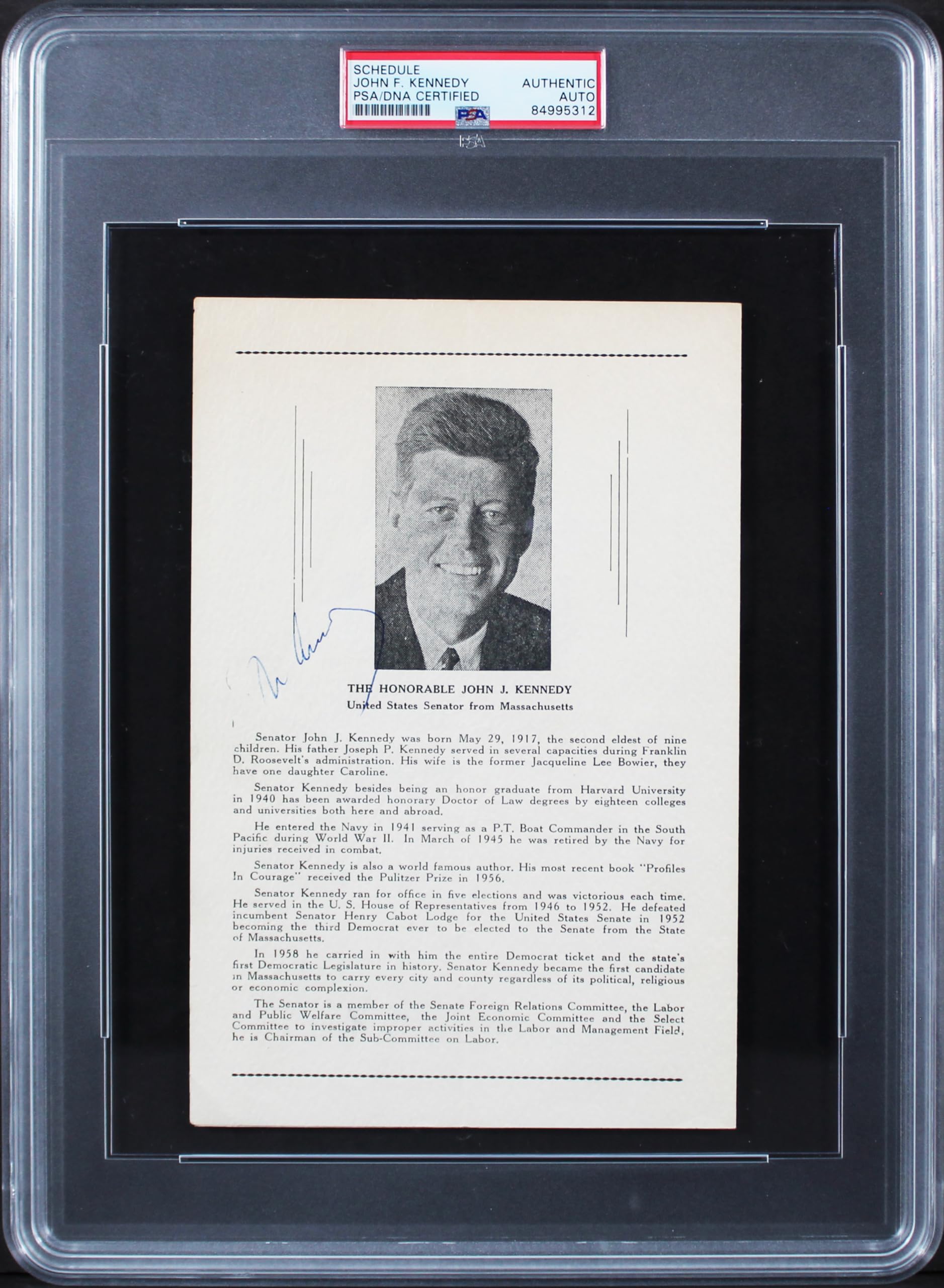 John F. Kennedy Authentic Signed 5.5x8.5 1959 Program Page PSA/DNA Slabbed