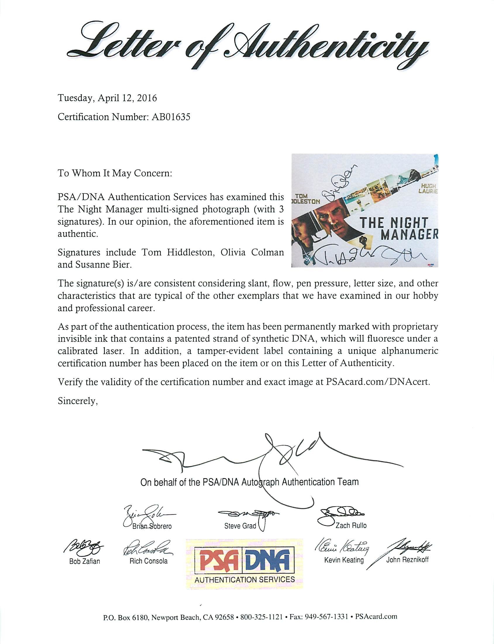 The Night Manager (Hiddleston, Colman & Bier) Signed 11X14 Photo PSA #AB01635