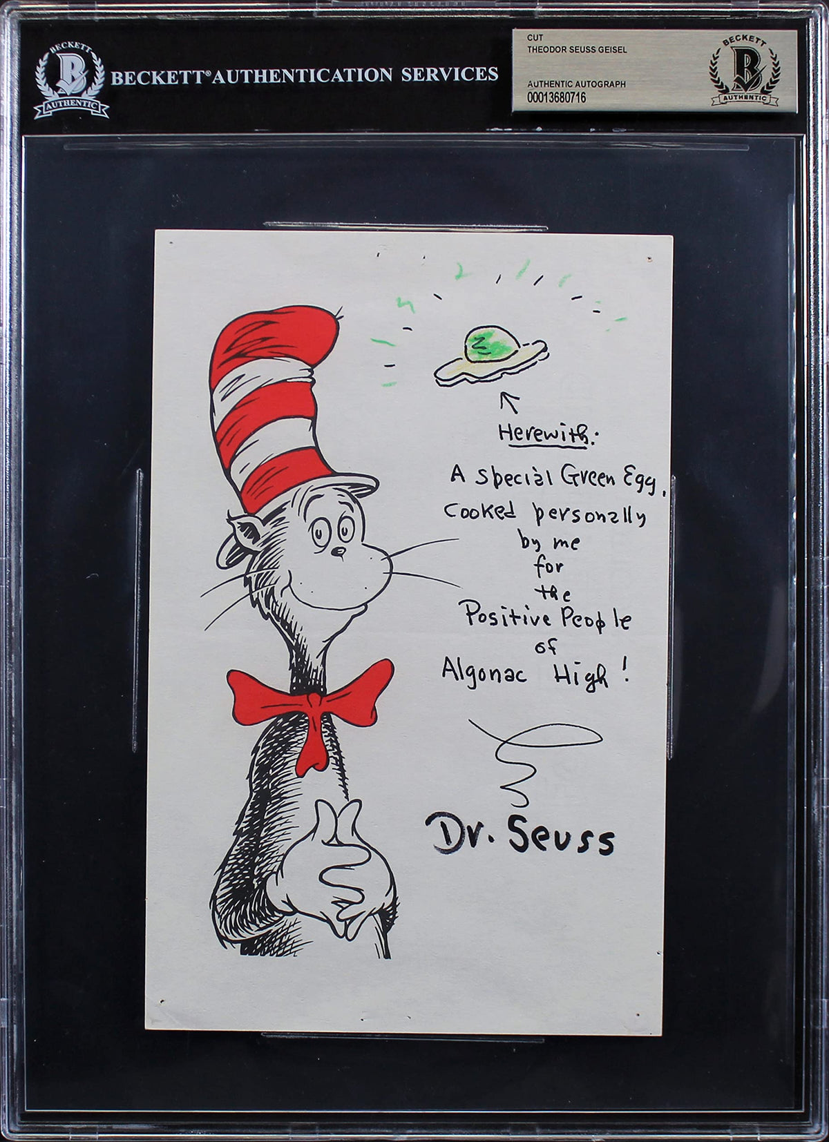 Dr. Seuss Authentic Signed 5.5x8.5 Green Eggs & Ham Sketch BAS Slabbed