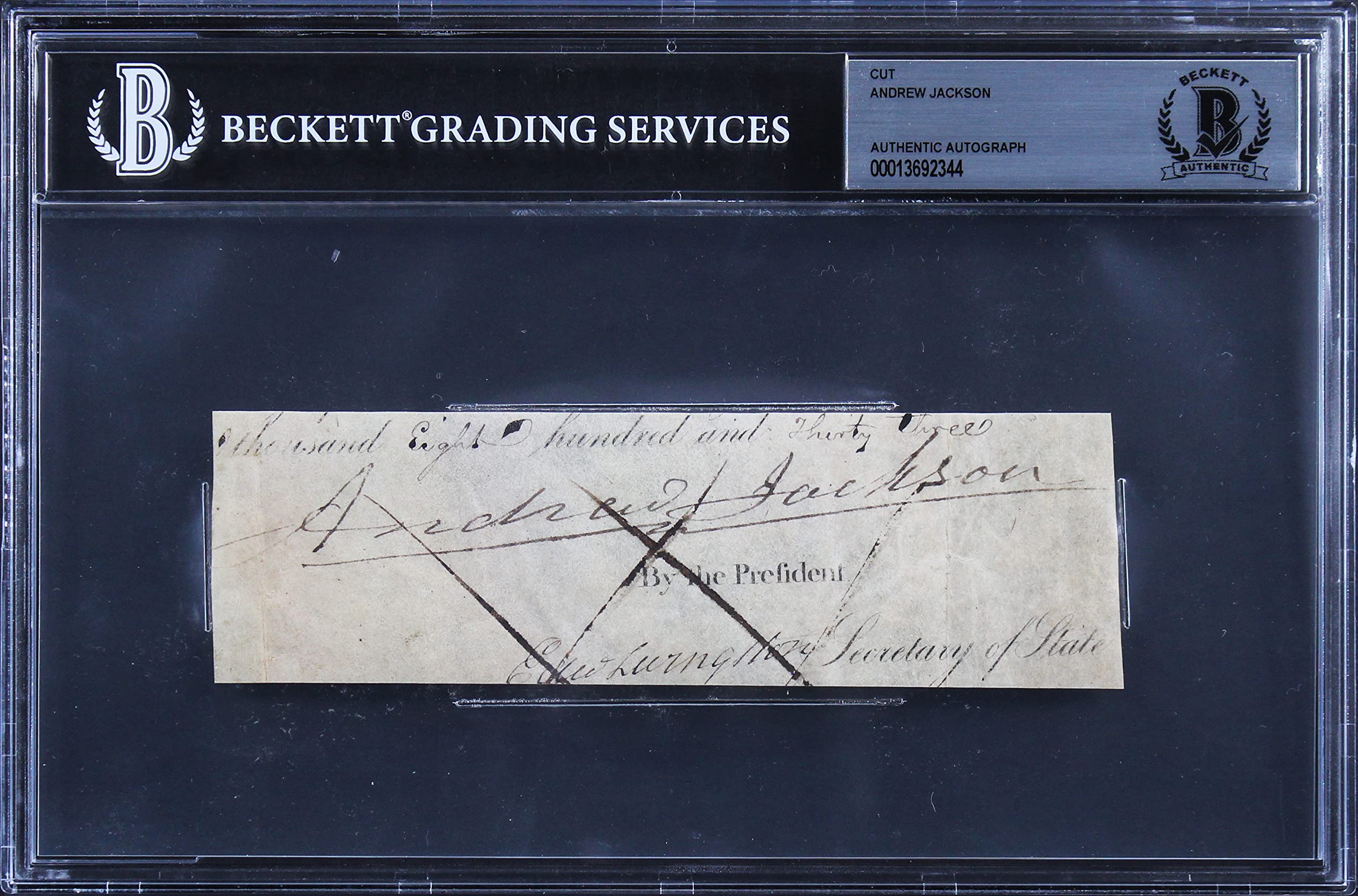 Andrew Jackson Authentic Signed 1.75x6 Cut Signature Autographed BAS Slabbed