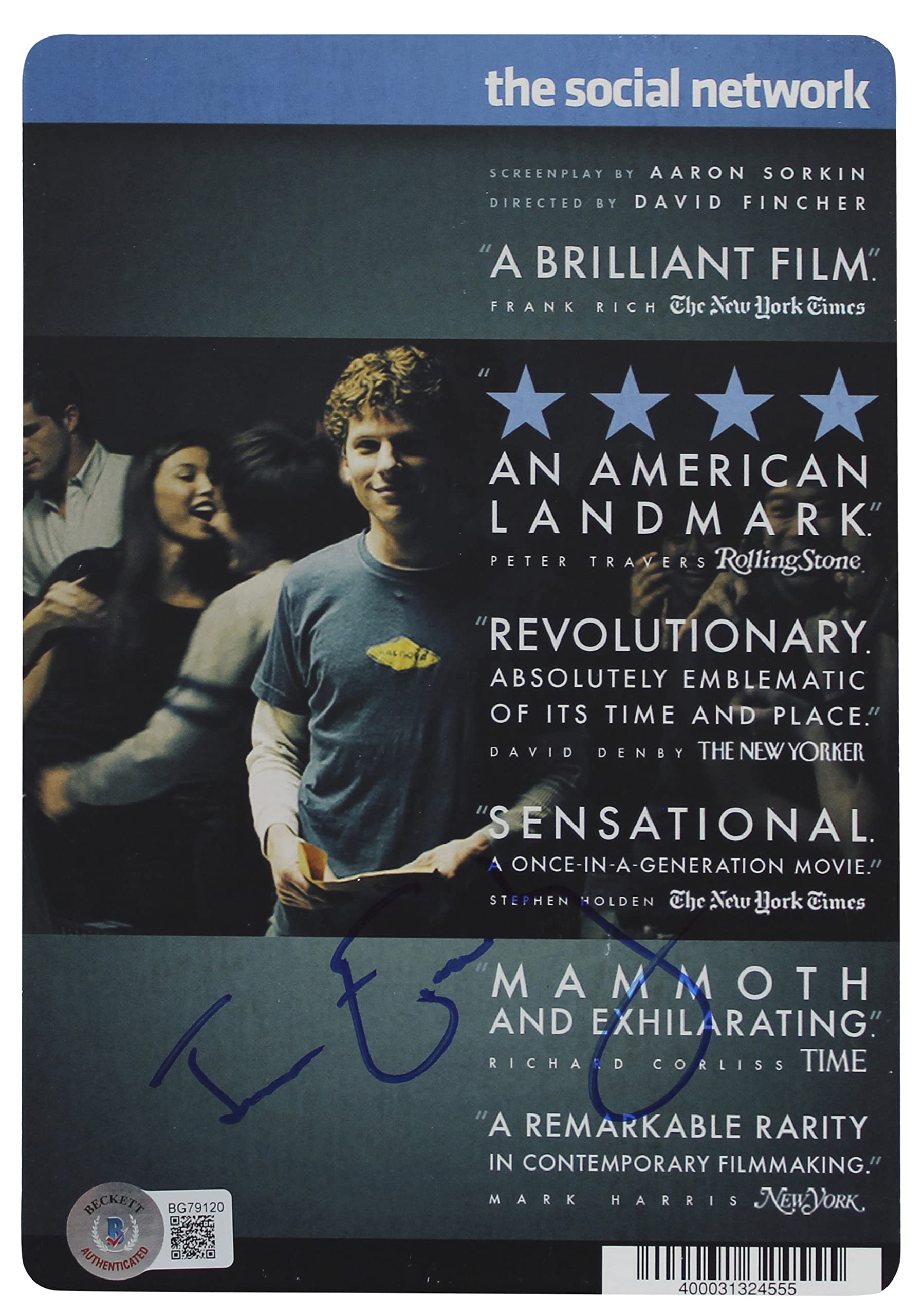 Jesse Eisenberg The Social Network Authentic Signed DVD Cover BAS #BG79120