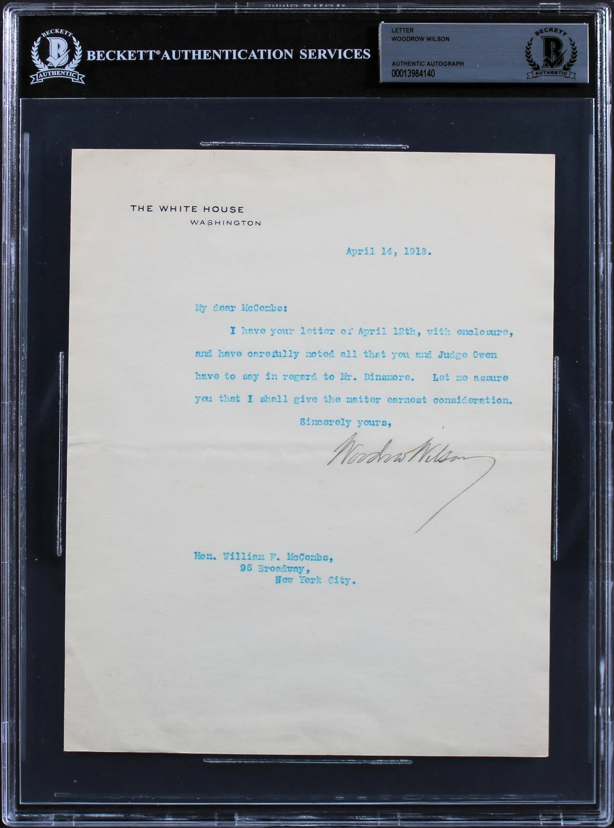 Woodrow Wilson Signed 7x8.75 1913 Letter On White House Letterhead BAS Slab