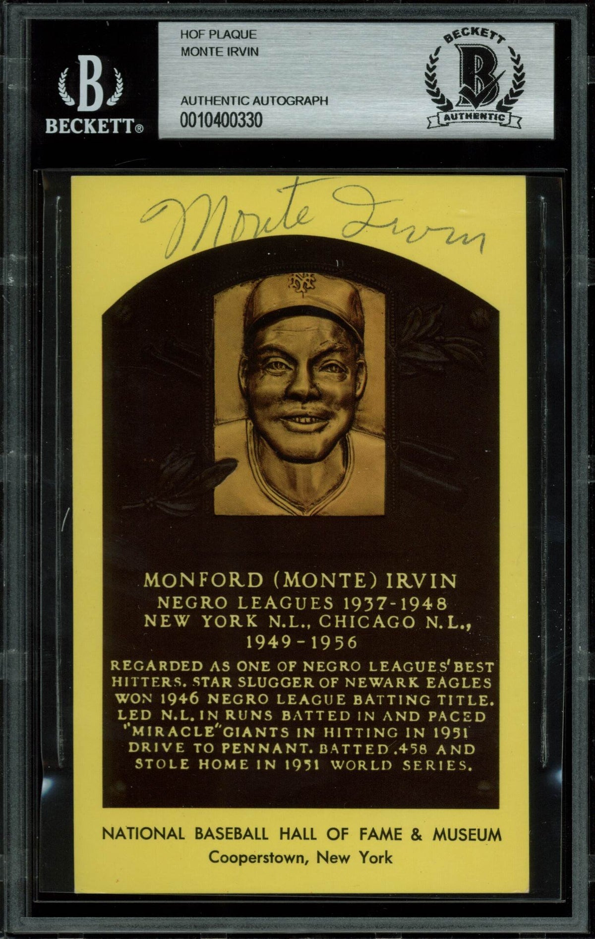 Monte Irvin Authentic Signed 3.5x5.5 HOF Plaque Postcard BAS Slabbed