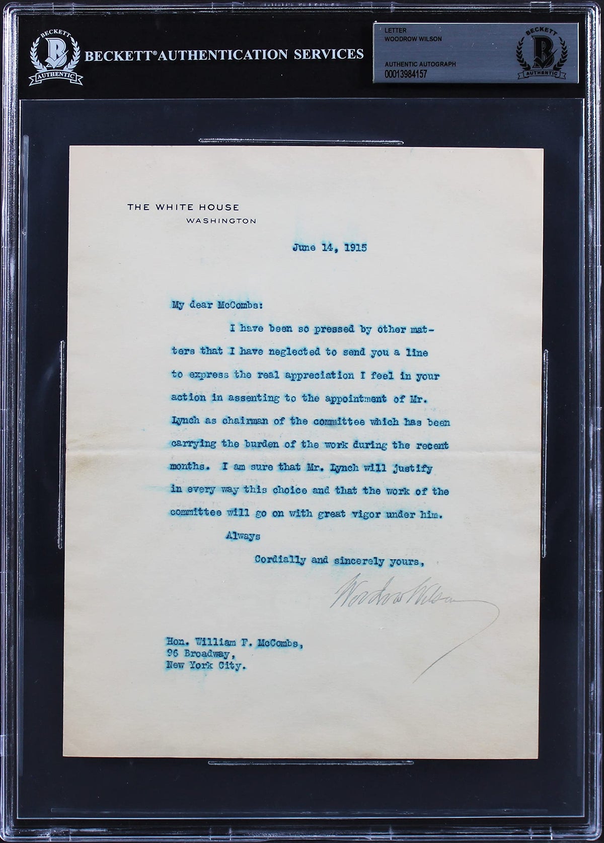 Woodrow Wilson Signed 7x8.75 1915 Letter On White House Letterhead BAS Slab 8