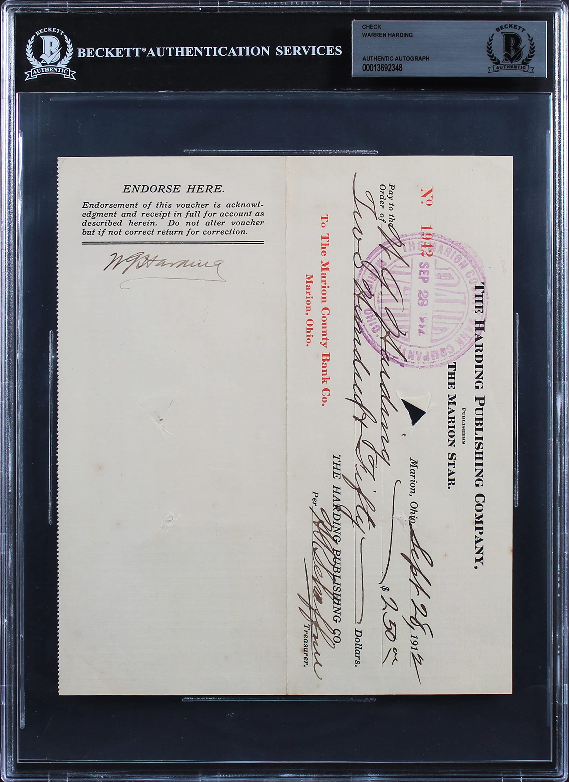 Warren G. Harding Signed 7x8.25 Check Dated September 28, 1912 BAS Slabbed