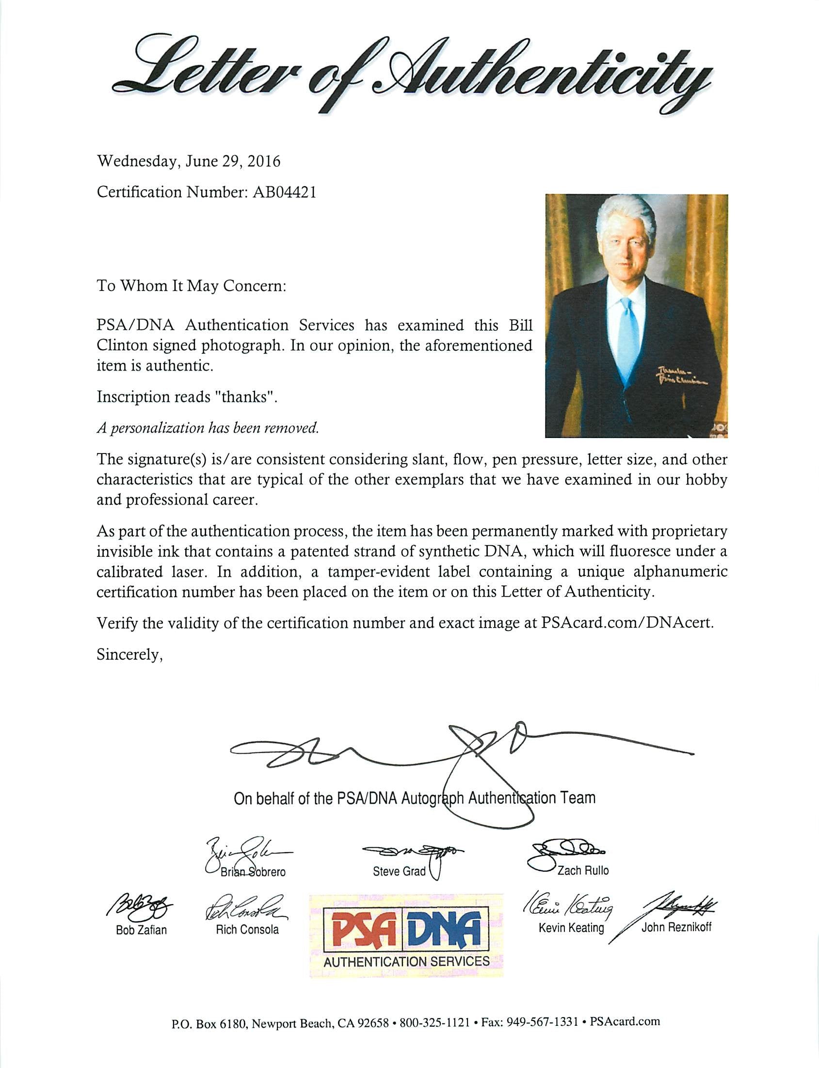 Bill Clinton Authentic Signed 11X14 Photo Autographed PSA/DNA #AB04421
