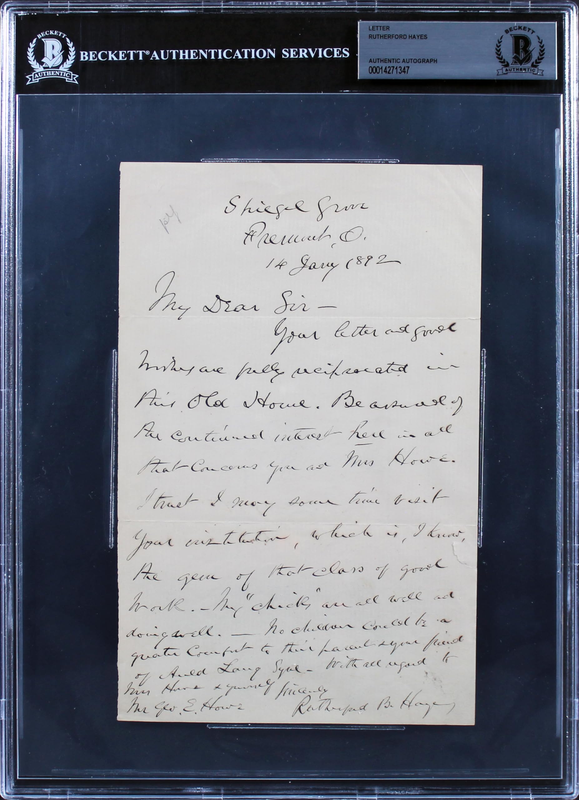Rutherford B. Hayes Authentic Signed 5.5x8.5 1892 Handwritten Letter BAS Slabbed