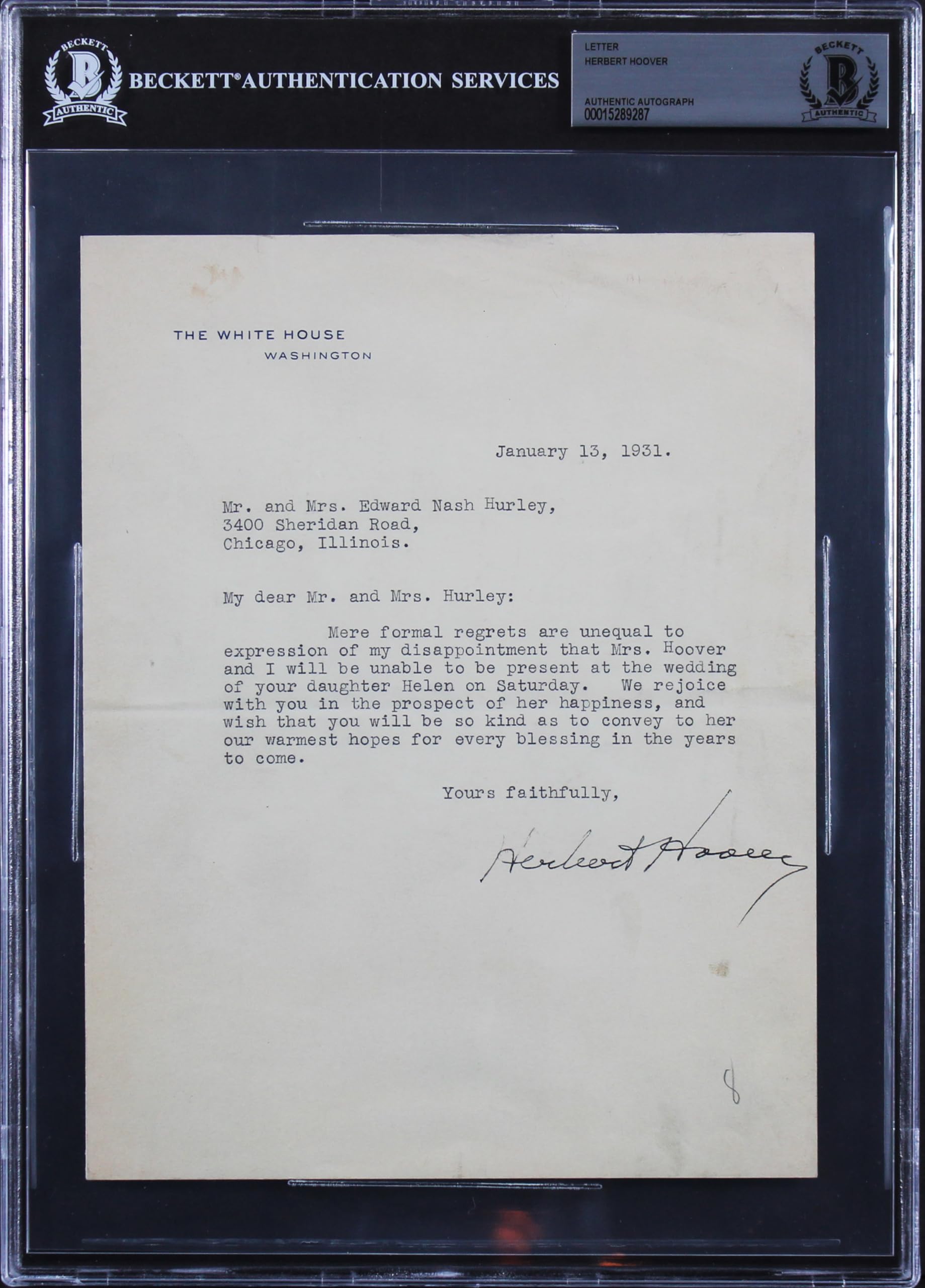 Herbert Hoover Signed 7x8.75 1931 Letter On White House Letterhead BAS Slabbed 2