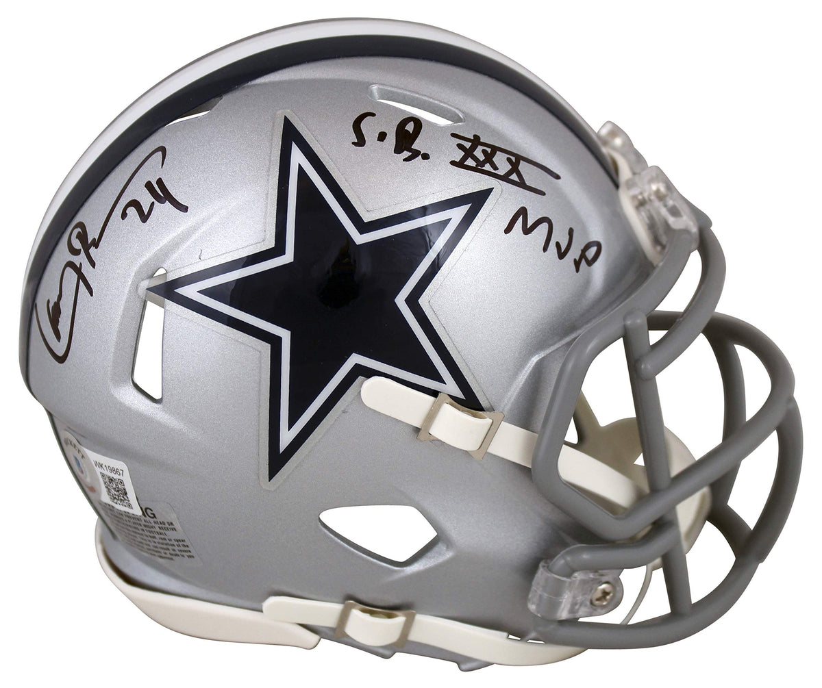 Cowboys Larry Brown "SB XXX MVP" Signed Silver Speed Mini Helmet BAS Witnessed