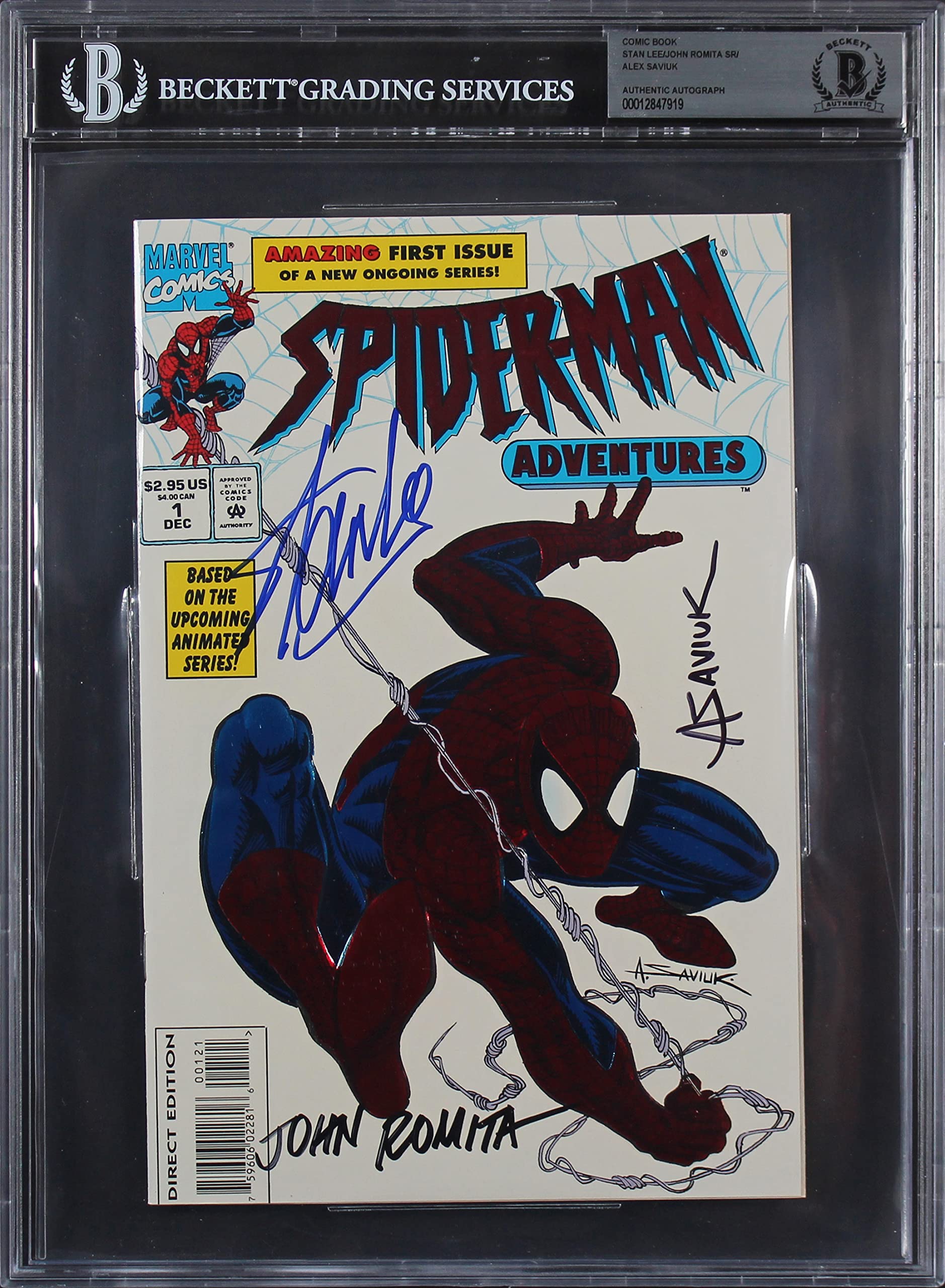 (3) Stan Lee, Romita Sr. & Saviuk Signed Spider-Man Adventures #1 Comic BAS Slab