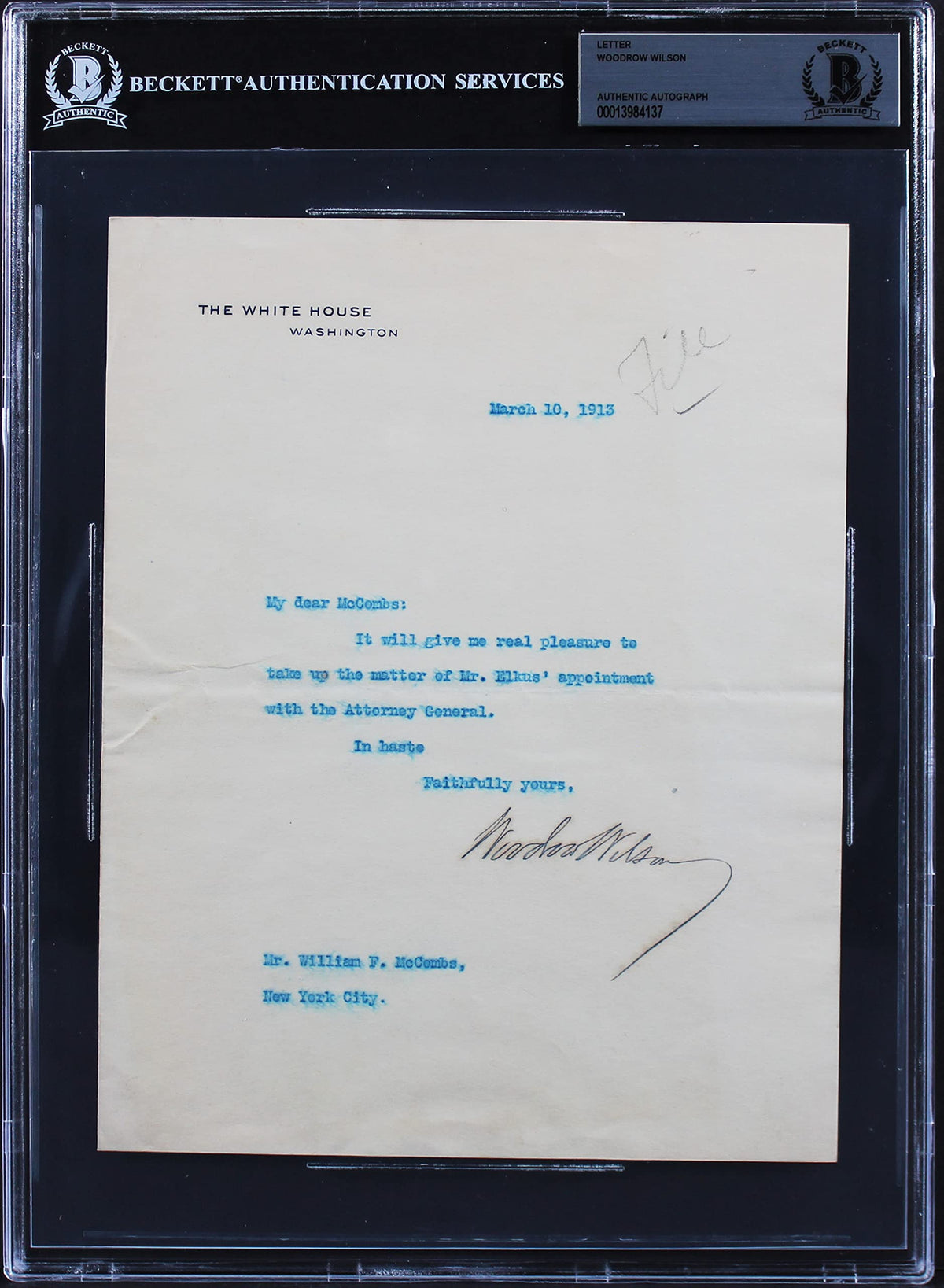 Woodrow Wilson Signed 7x8.75 1913 Letter On White House Letterhead BAS Slab 7