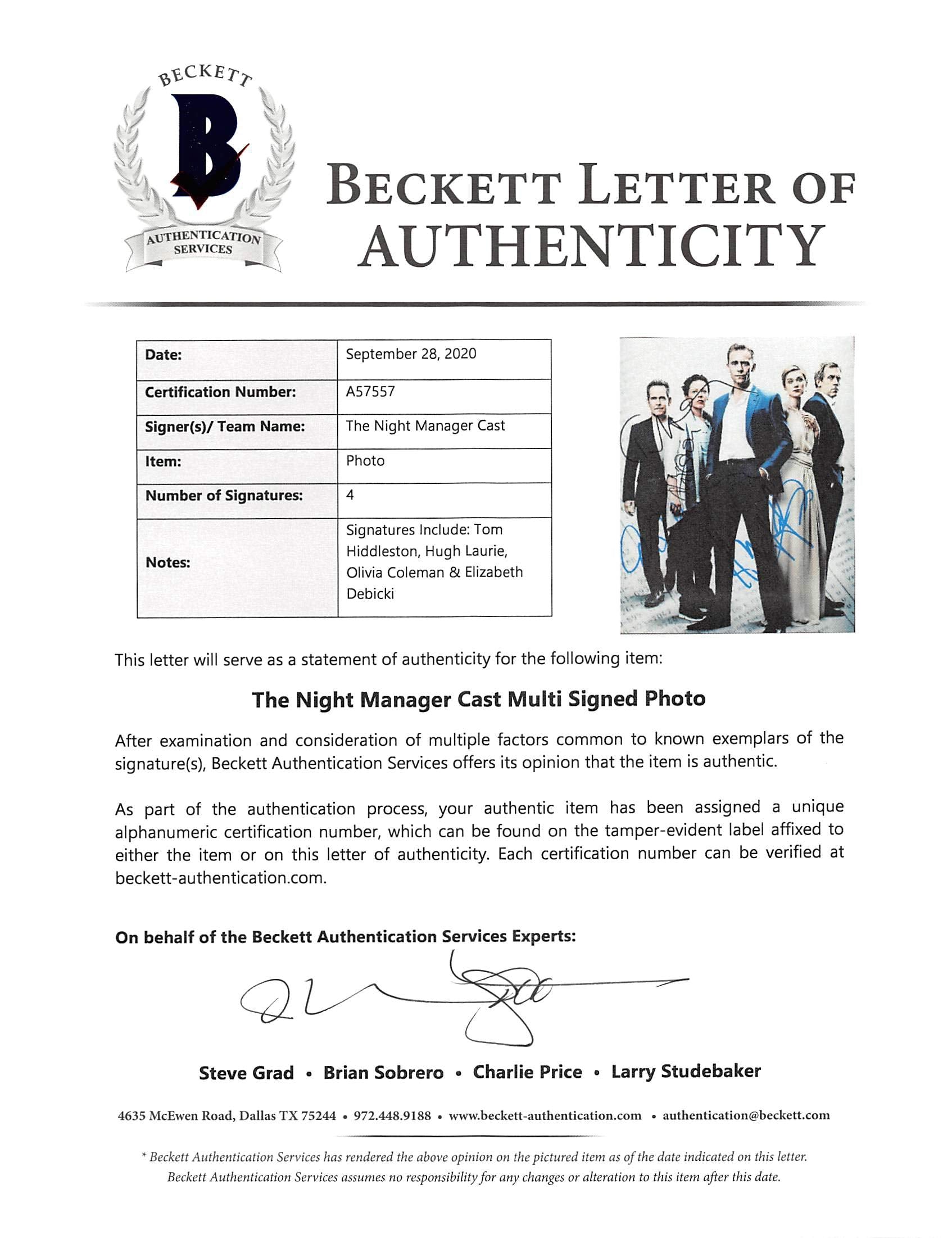 The Night Manager (4) Hiddleston, Laurie +2 Signed 11x14 Photo BAS #A57557