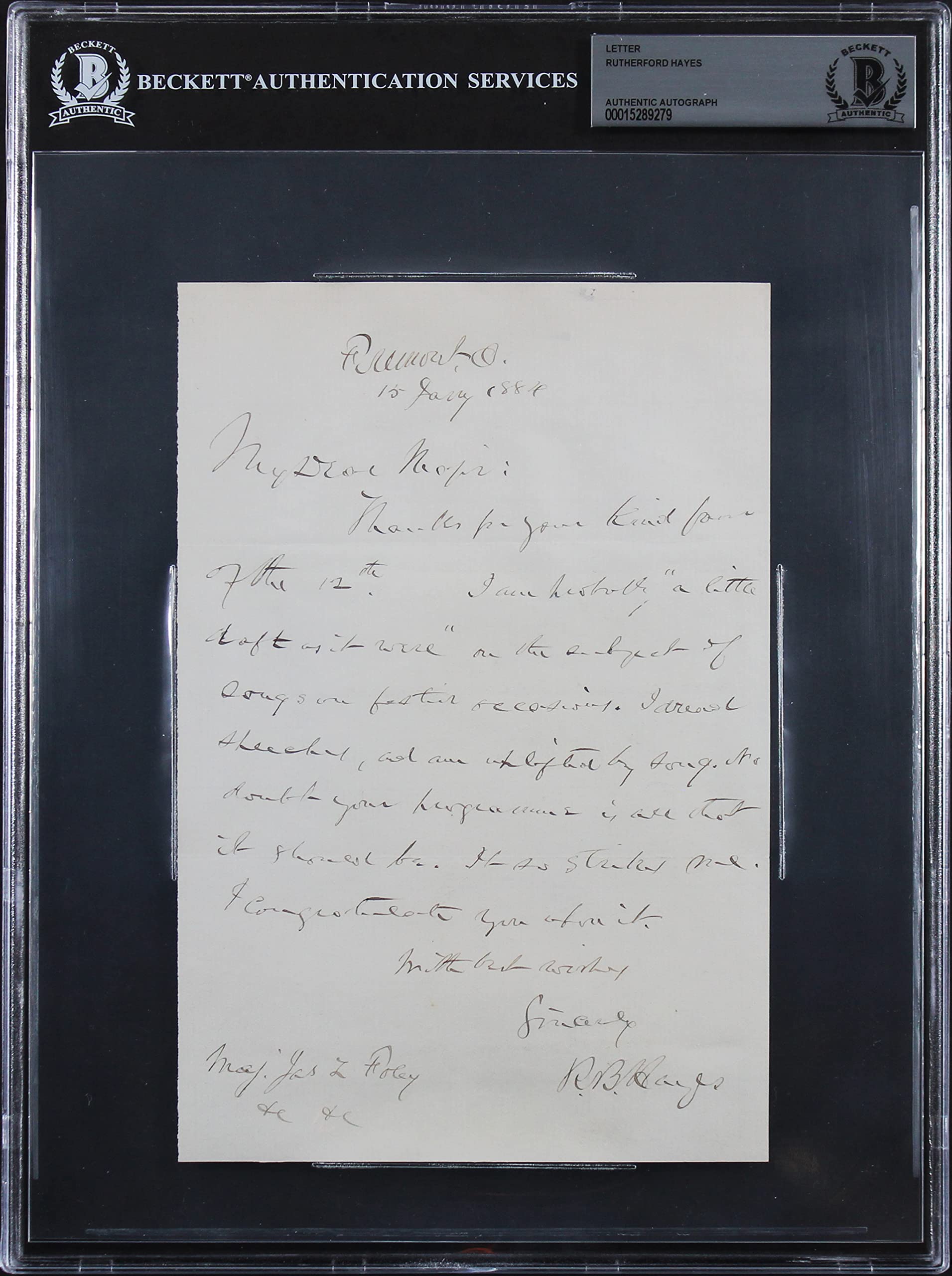Rutherford B. Hayes Authentic Signed 5.5x8.25 Hand Written Letter BAS Slabbed