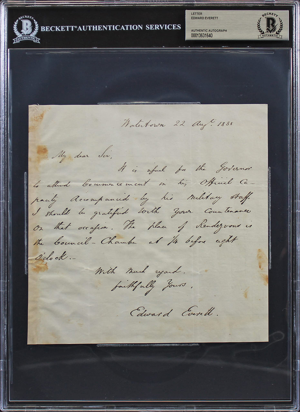 Edward Everett Authentic Signed 7x7 Letter Dated August 22, 1838 BAS Slabbed