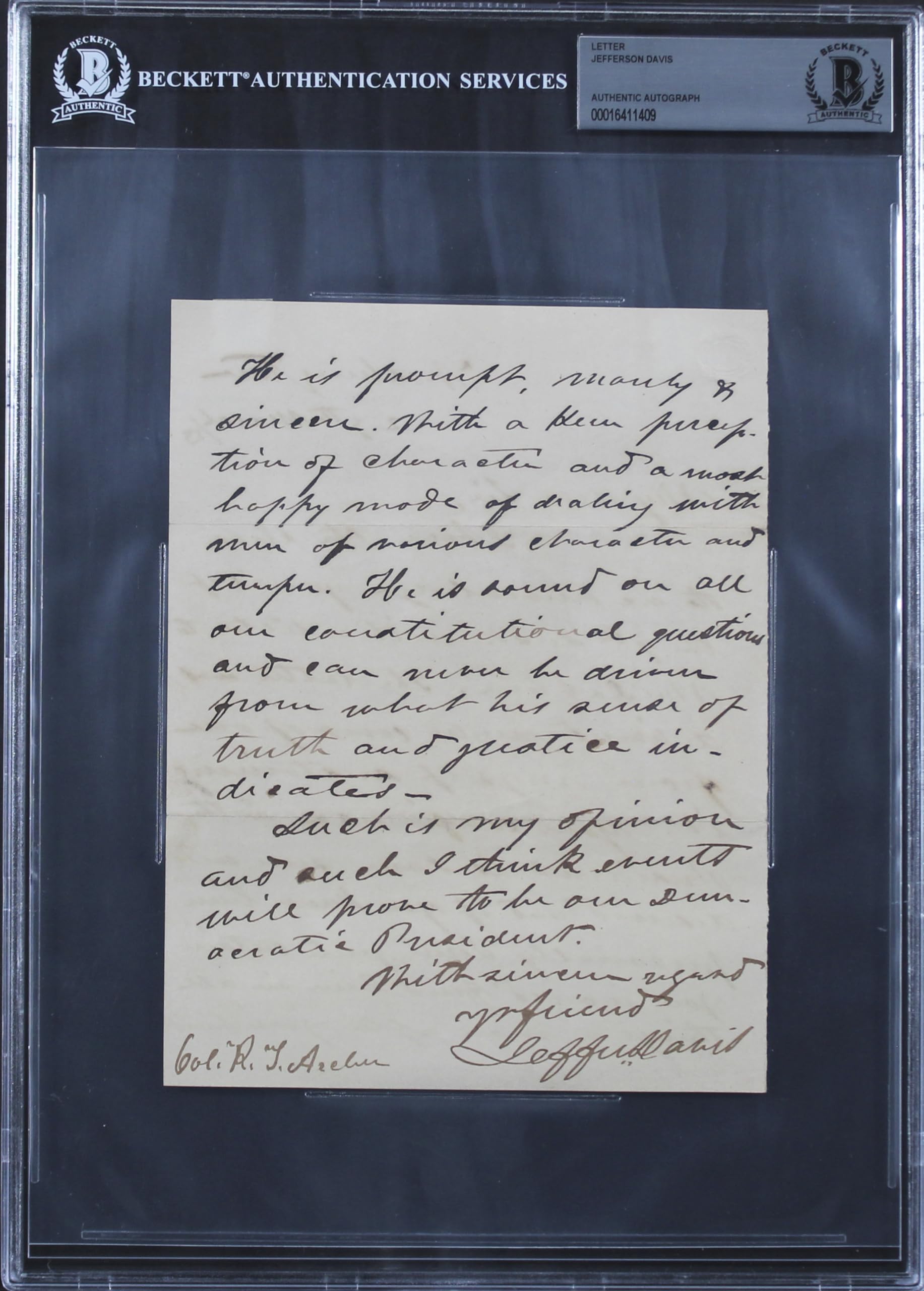 Jefferson Davis Authentic Signed 5.75x7.25 1853 Handwritten Letter BAS Slabbed
