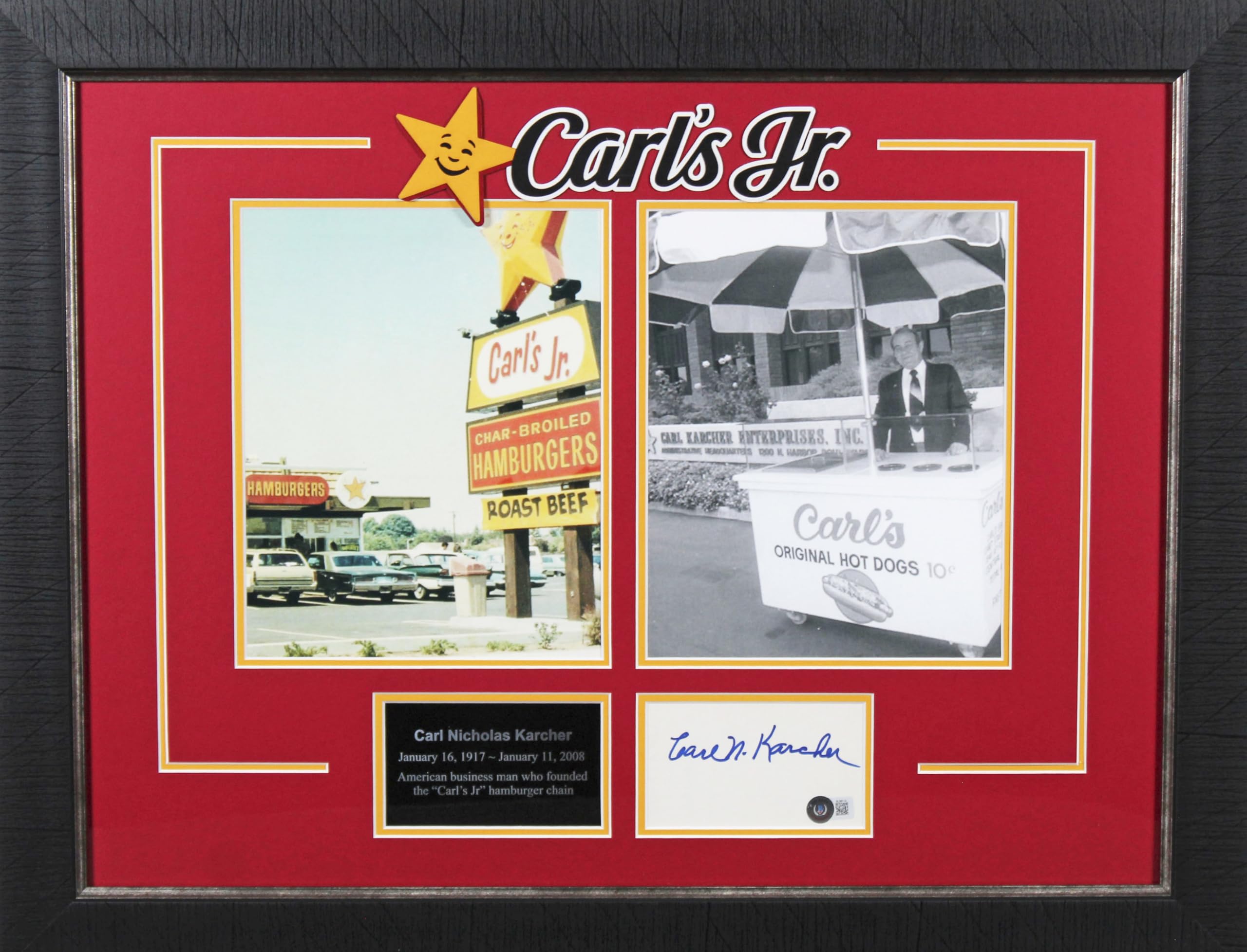 Carl Karcher Carl's Jr. Authentic Signed & Framed 3x5 Index Card Autographed BAS