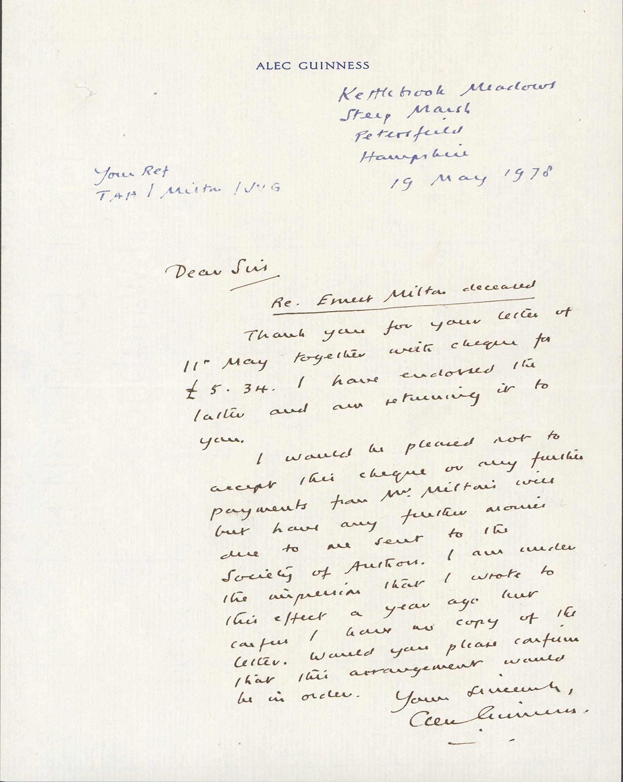 Alec Guinness Star Wars Authentic Signed 1978 Handwritten Letter BAS #AA06581