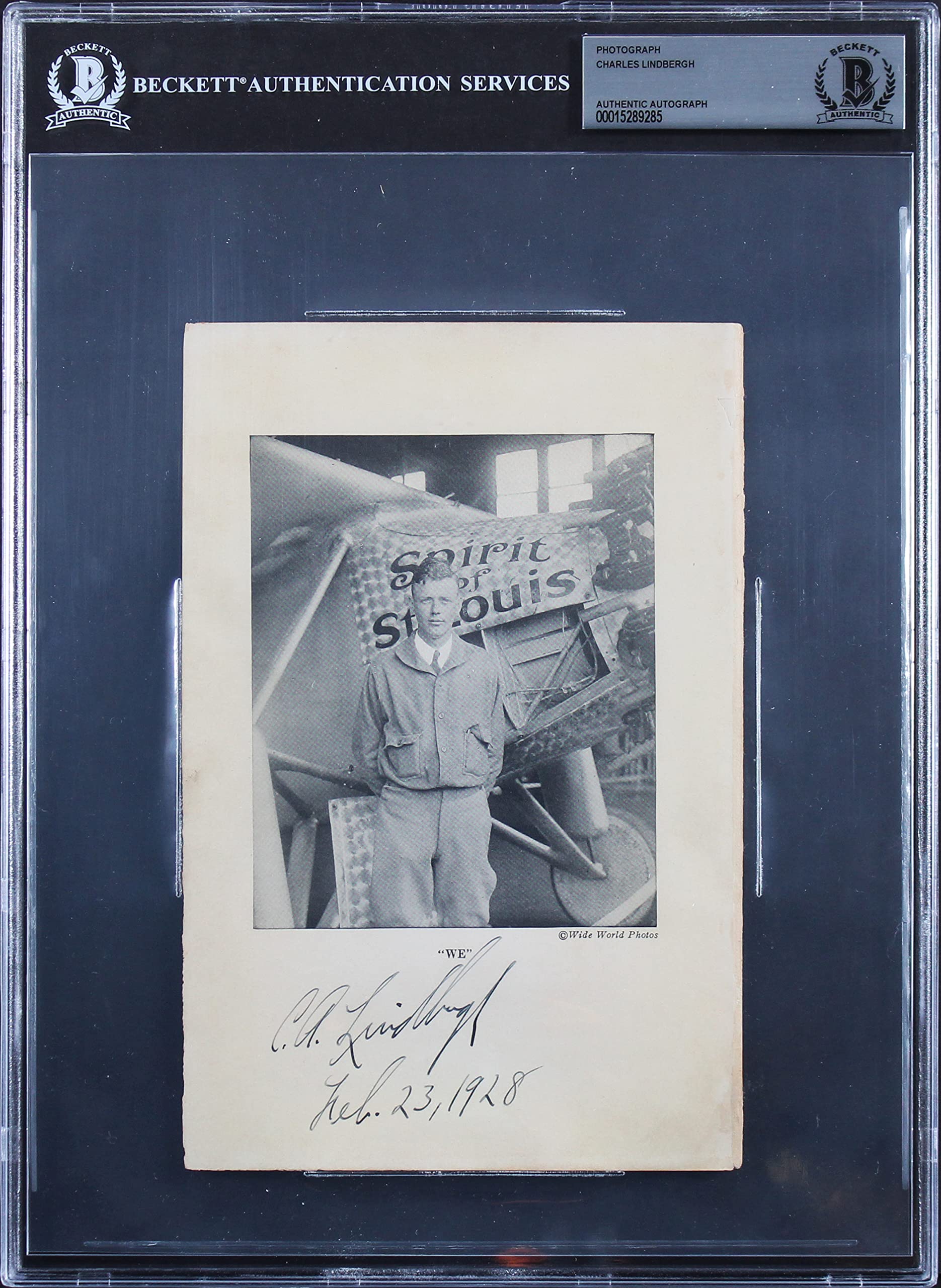Charles Lindbergh Feb. 23, 1928 Authentic Signed 5.25x8 Photo BAS Slabbed