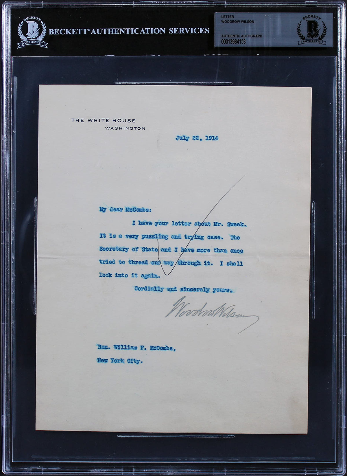 Woodrow Wilson Signed 7x8.75 1914 Letter On White House Letterhead BAS Slab 11