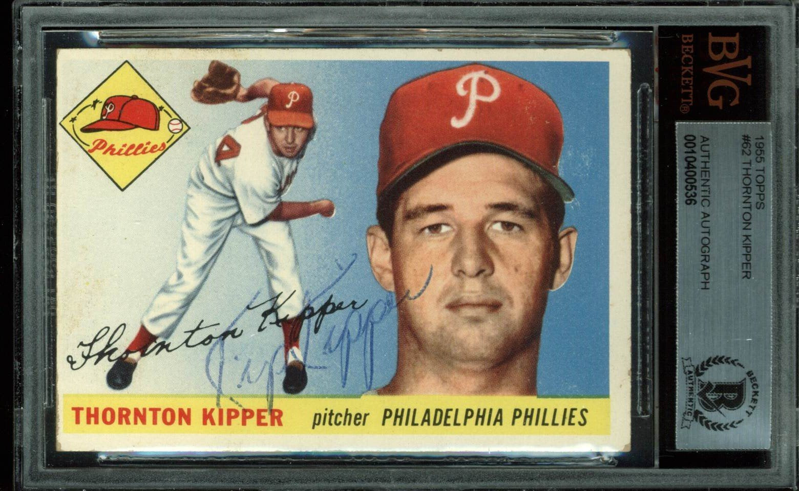 Phillies Thornton Kipper Authentic Signed 1955 Topps #62 Auto Card BAS Slabbed