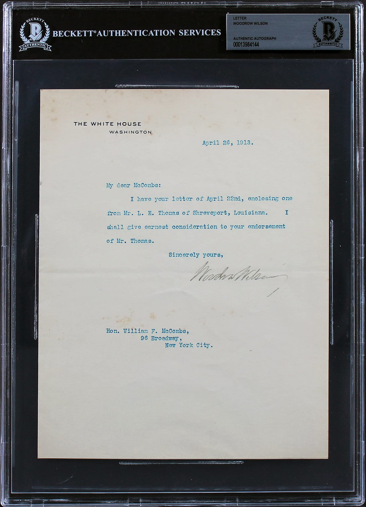 Woodrow Wilson Signed 7x8.75 1913 Letter On White House Letterhead BAS Slab