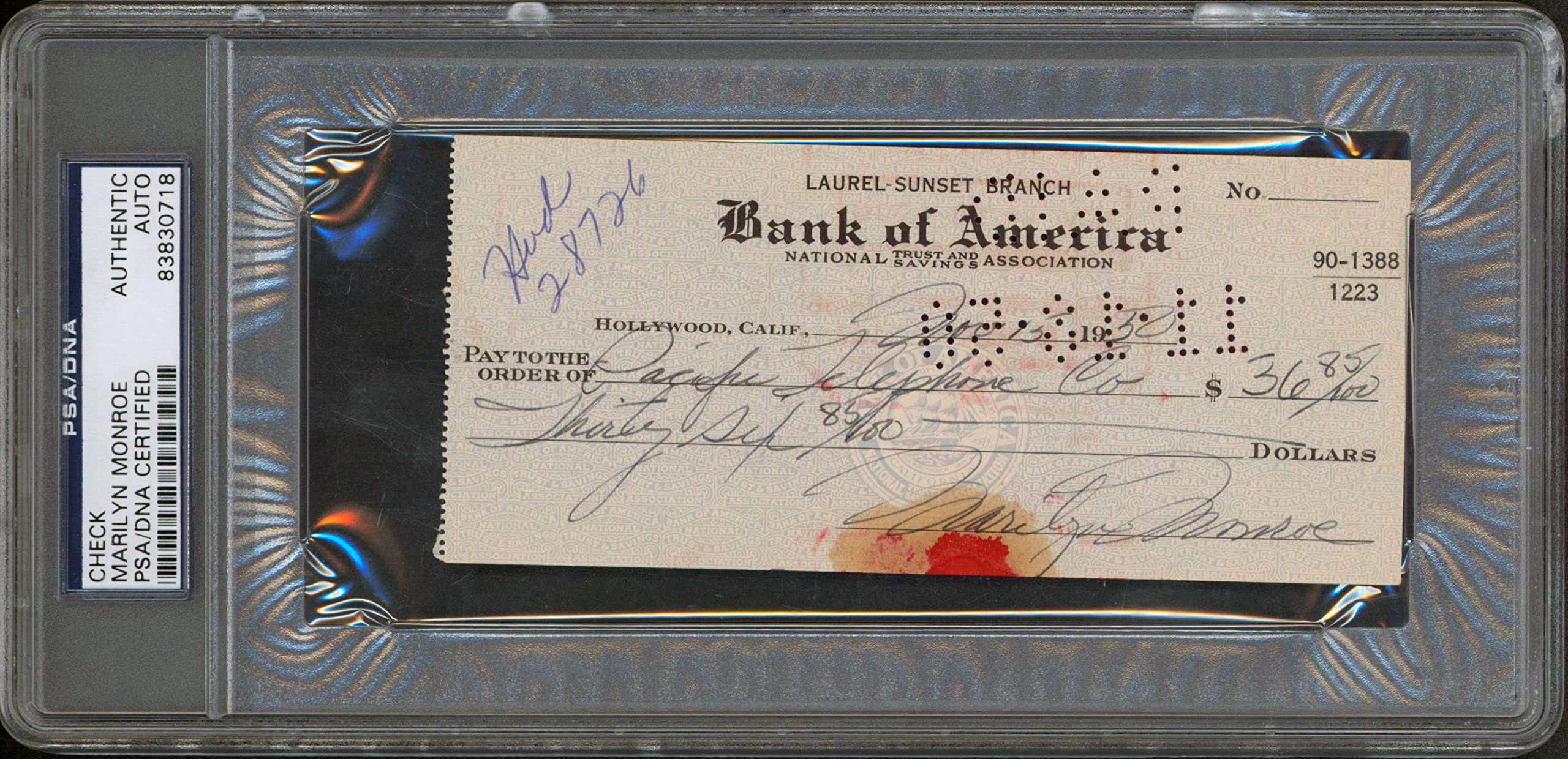 Marilyn Monroe Authentic Signed Check Dated November 15, 1950 PSA/DNA Slabbed