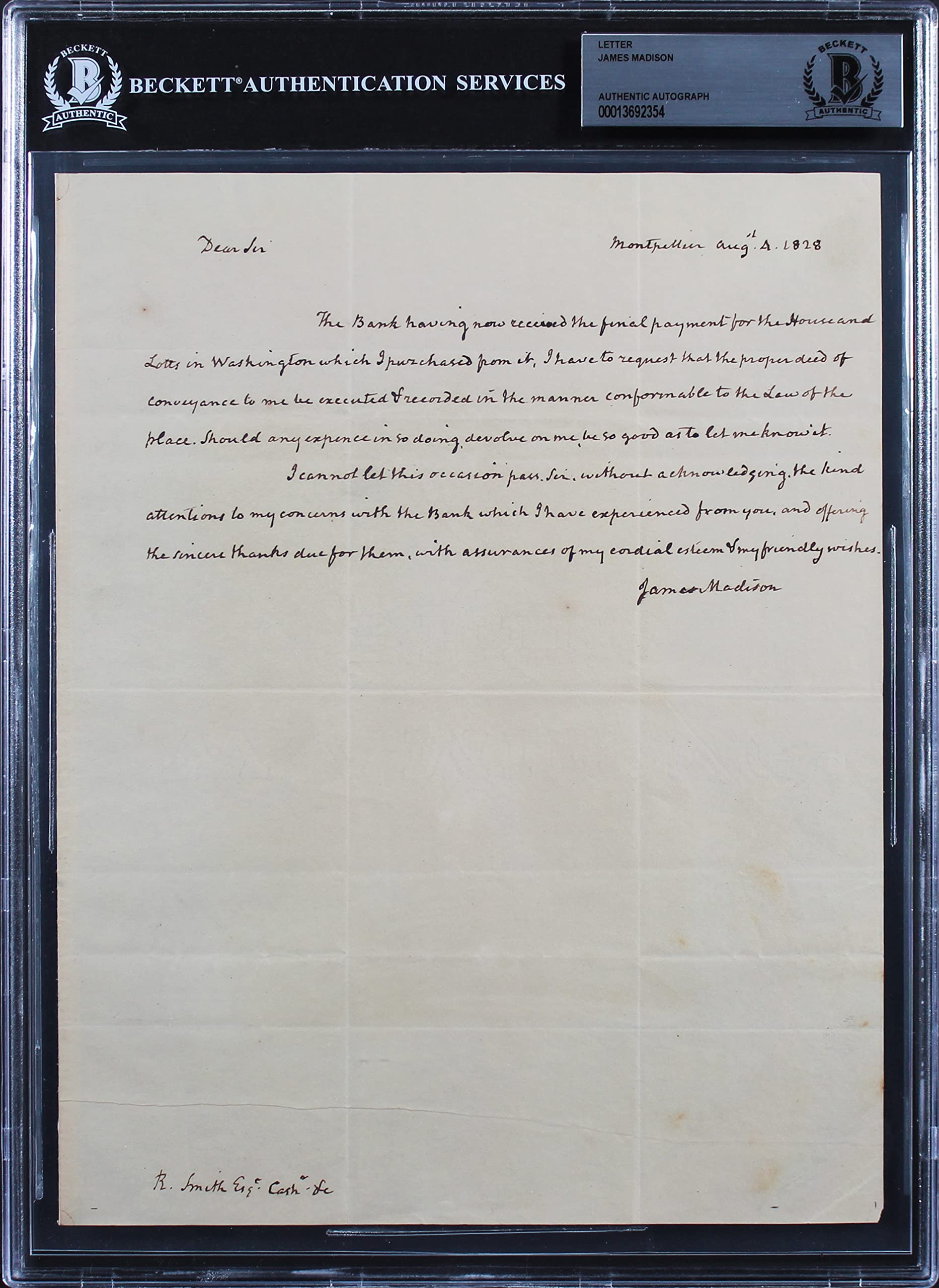 James Madison Authentic Signed 7.75x10 1828 Handwritten Letter BAS Slabbed