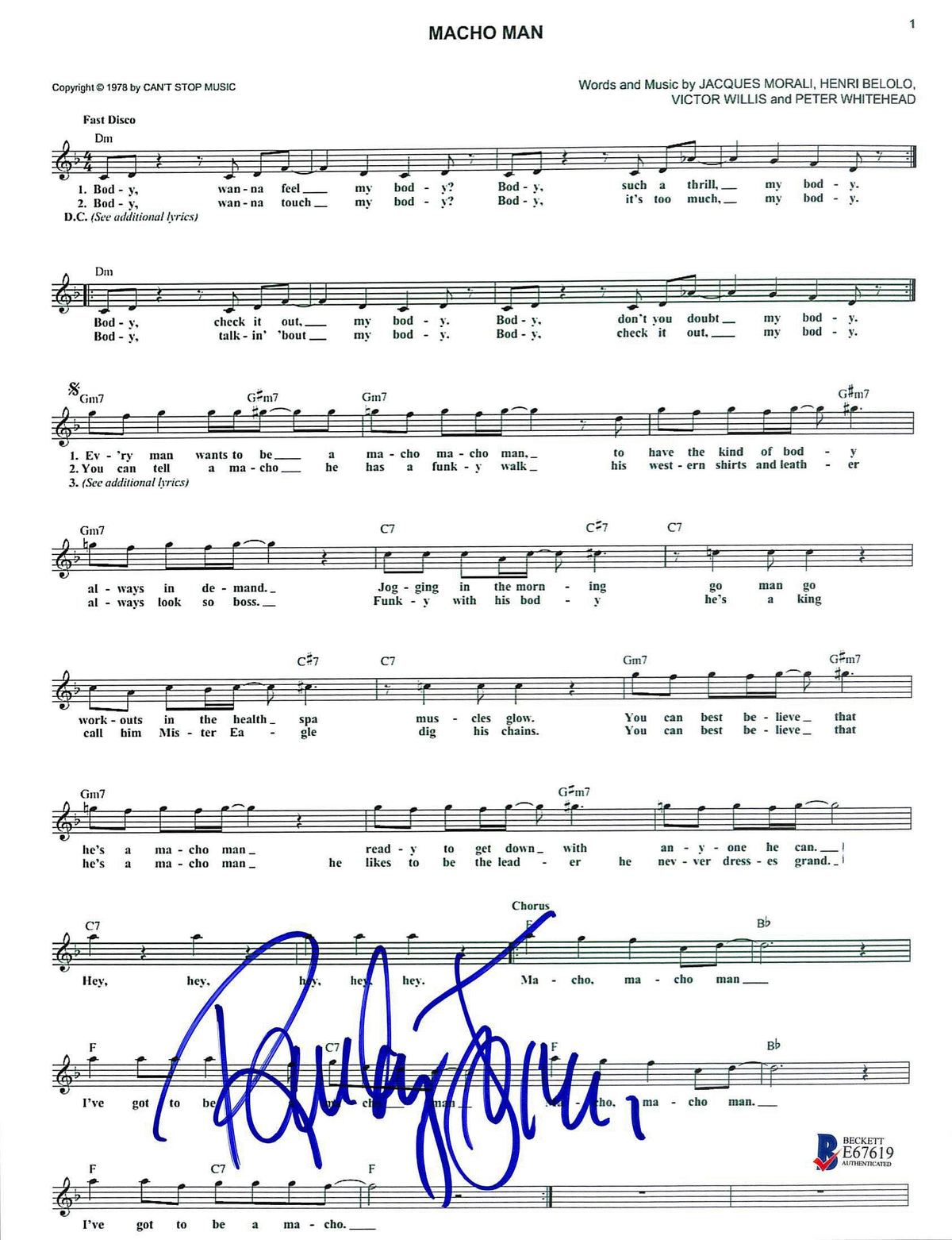 Randy Jones Village People Authentic Signed Macho Man Music Sheet BAS #E67619