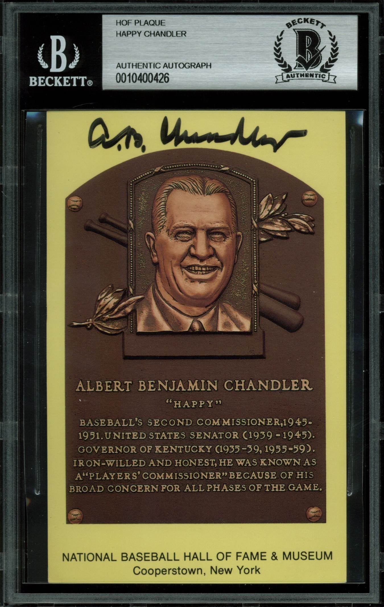 Happy Chandler Authentic Signed 3.5x5.5 HOF Plaque Postcard BAS Slabbed