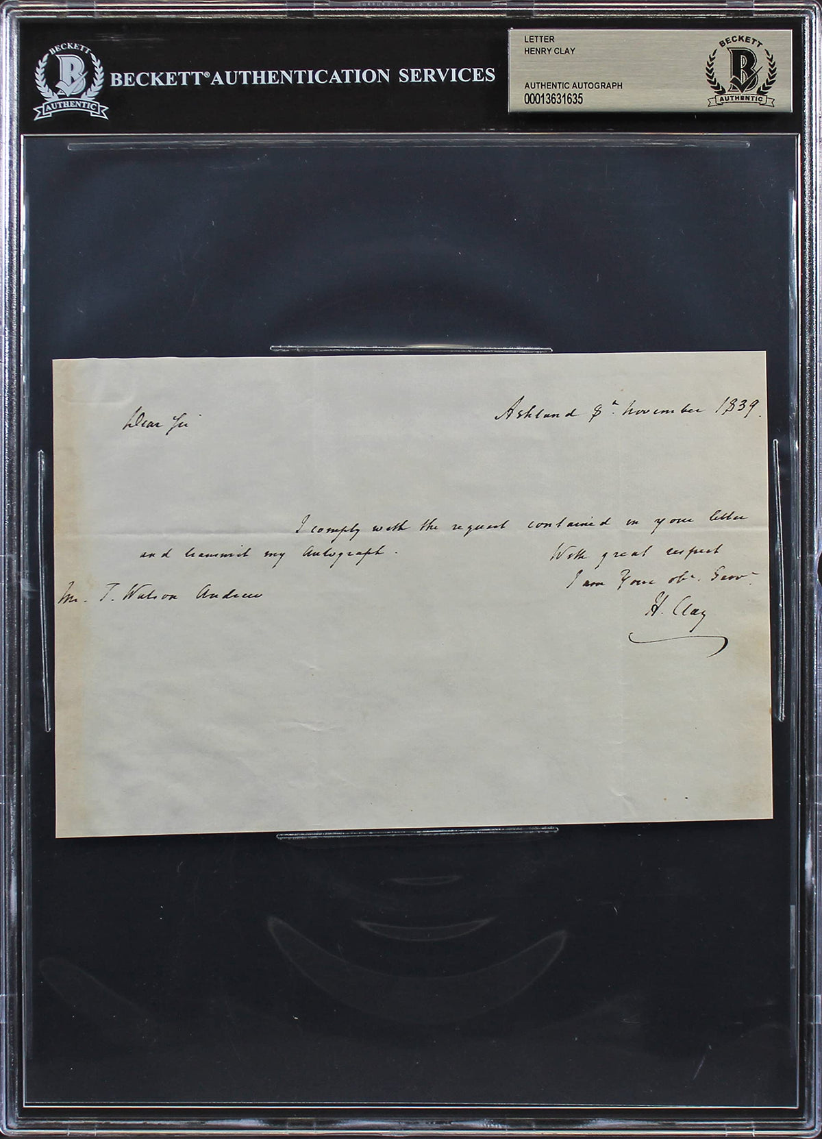 Henry Clay Authentic Signed 5x7.5 1839 Handwritten Letter BAS Slabbed