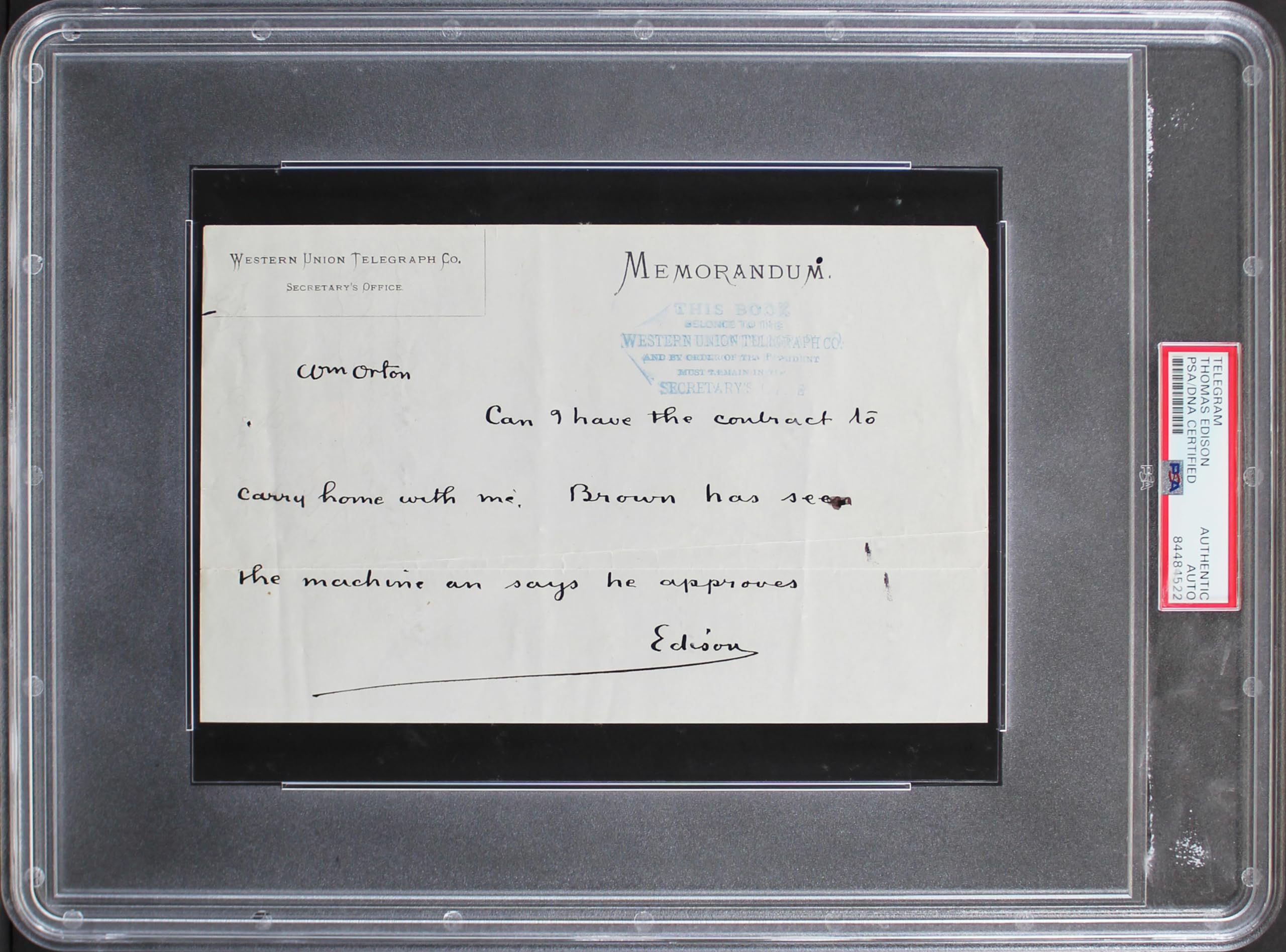 Thomas Edison Authentic Signed 5x8 1877 Handwritten Telegram PSA/DNA Slabbed