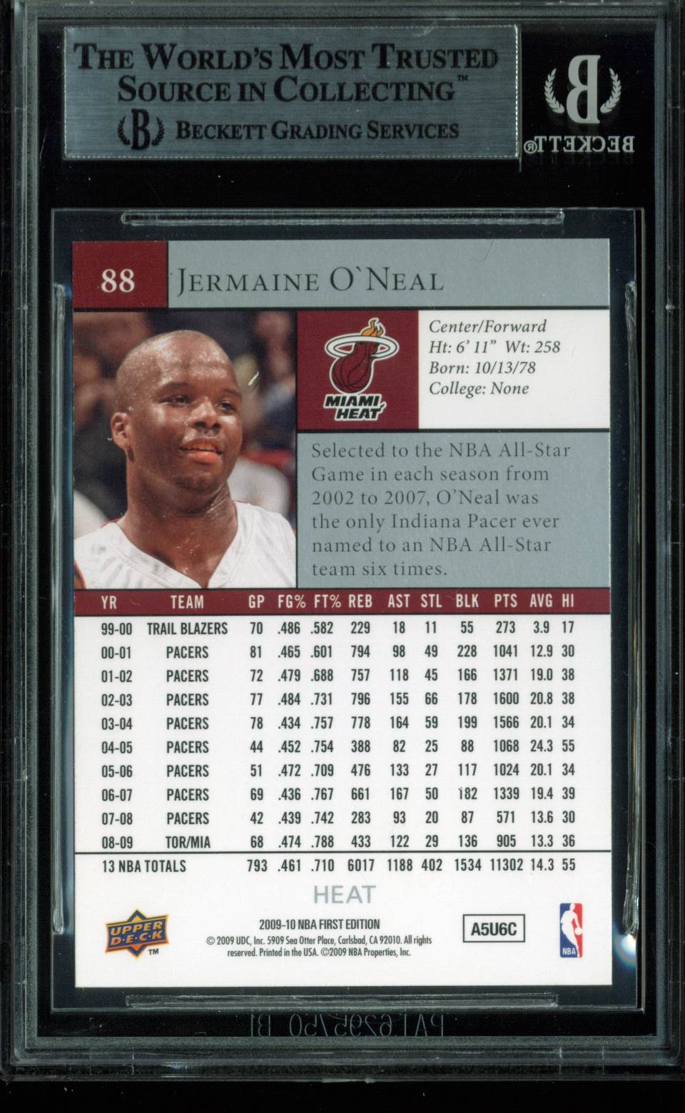 Heat Jermaine O'Neal Authentic Signed Card 2009 UD First Edition BAS Slabbed
