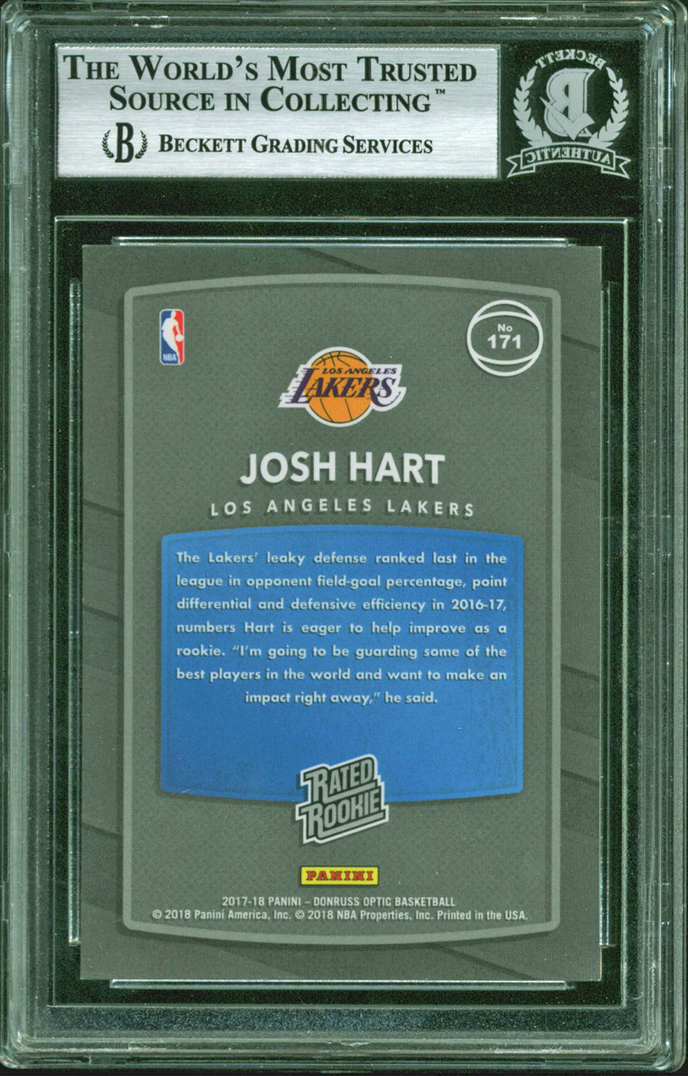 Hornets Josh Hart Signed 2017 Donruss Optic RR Shock Flash #171 Card BAS Slabbed